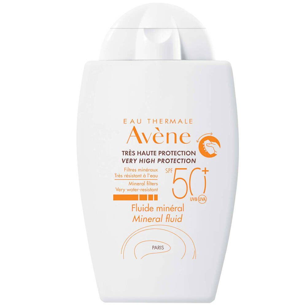Weiße Flasche mit Klappverschluss. Aufschrift: Eau Thermale Avène, Fluiide mineral SPF 50+.