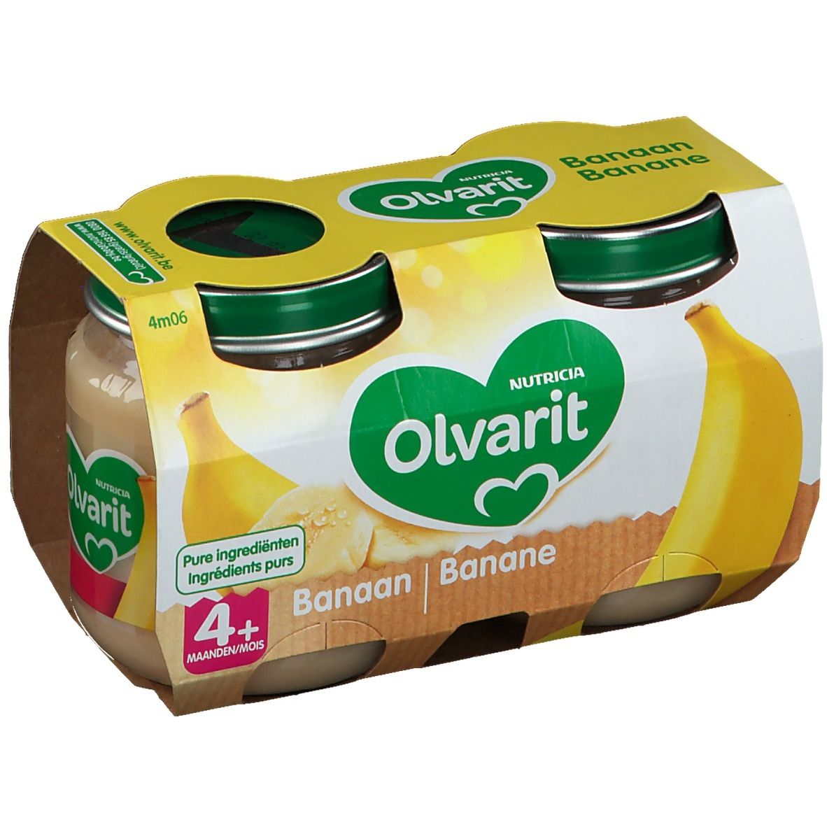 Packung mit vier Gläsern Olvarit Banane 4+ Monate. Gelbe Verpackung mit Bananen-Illustrationen und Produktlogo.