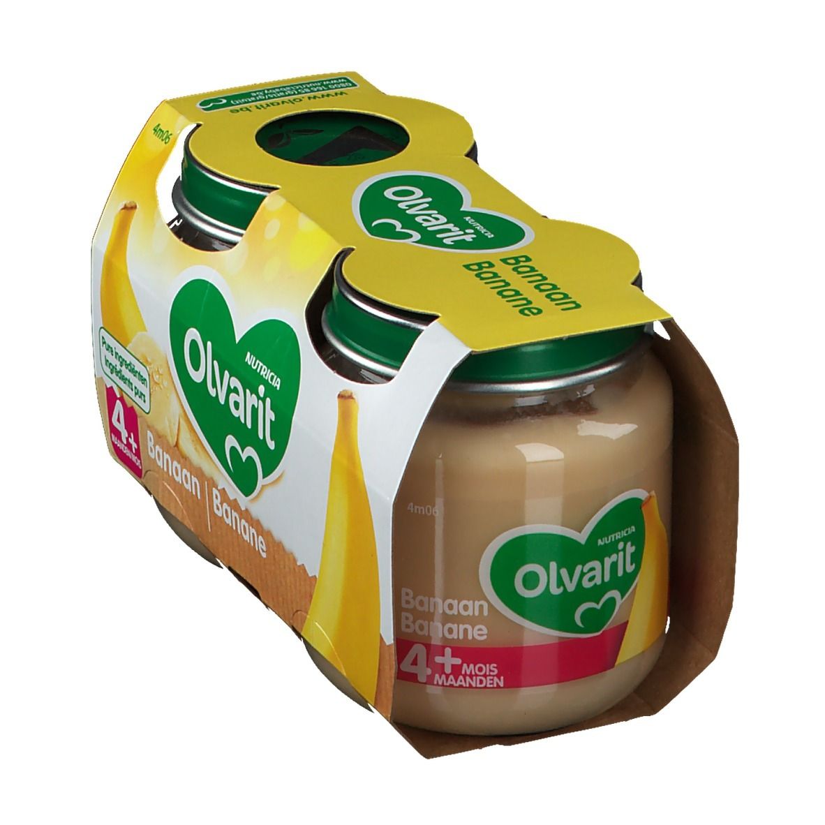 Packung mit zwei Gläsern Olvarit Banane 4+ Monate. Gelbe Verpackung mit Bananen-Illustrationen und Produktlogo.