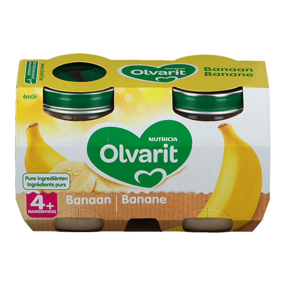 Packung mit vier Gläsern Olvarit Banane 4+ Monate. Gelbe Verpackung mit Bananen-Illustrationen und Produktlogo.