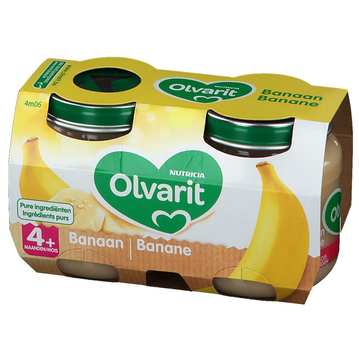 Packung mit vier Gläsern Olvarit Banane 4+ Monate. Gelbe Verpackung mit Bananen-Illustrationen und Produktlogo.