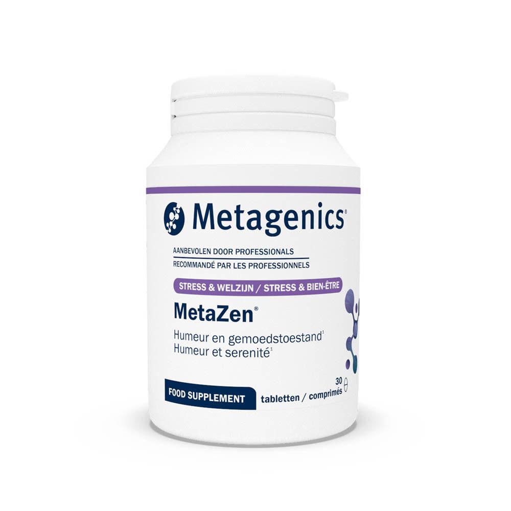 Weiße Flasche MetaZen, Metagenics-Logo, Aufschrift Stress & Wohlbefinden. 30 Tabletten. Food Supplement.