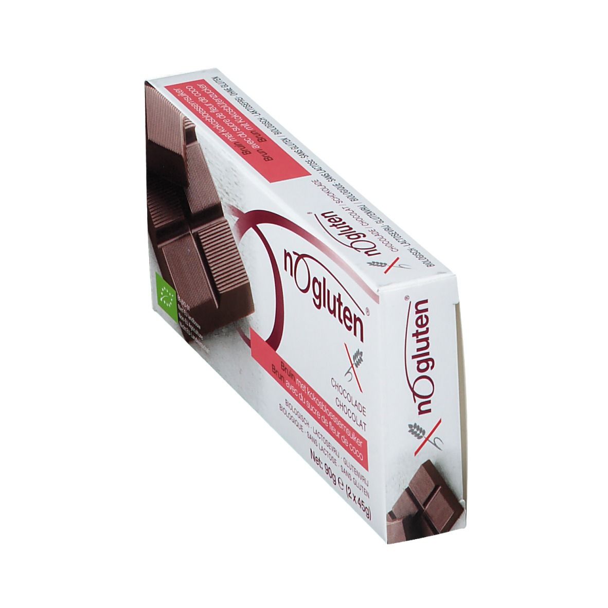 Emballage de chocolat en vue oblique. Morceaux de chocolat brun visibles. Inscription : nOgluten, chocolat.