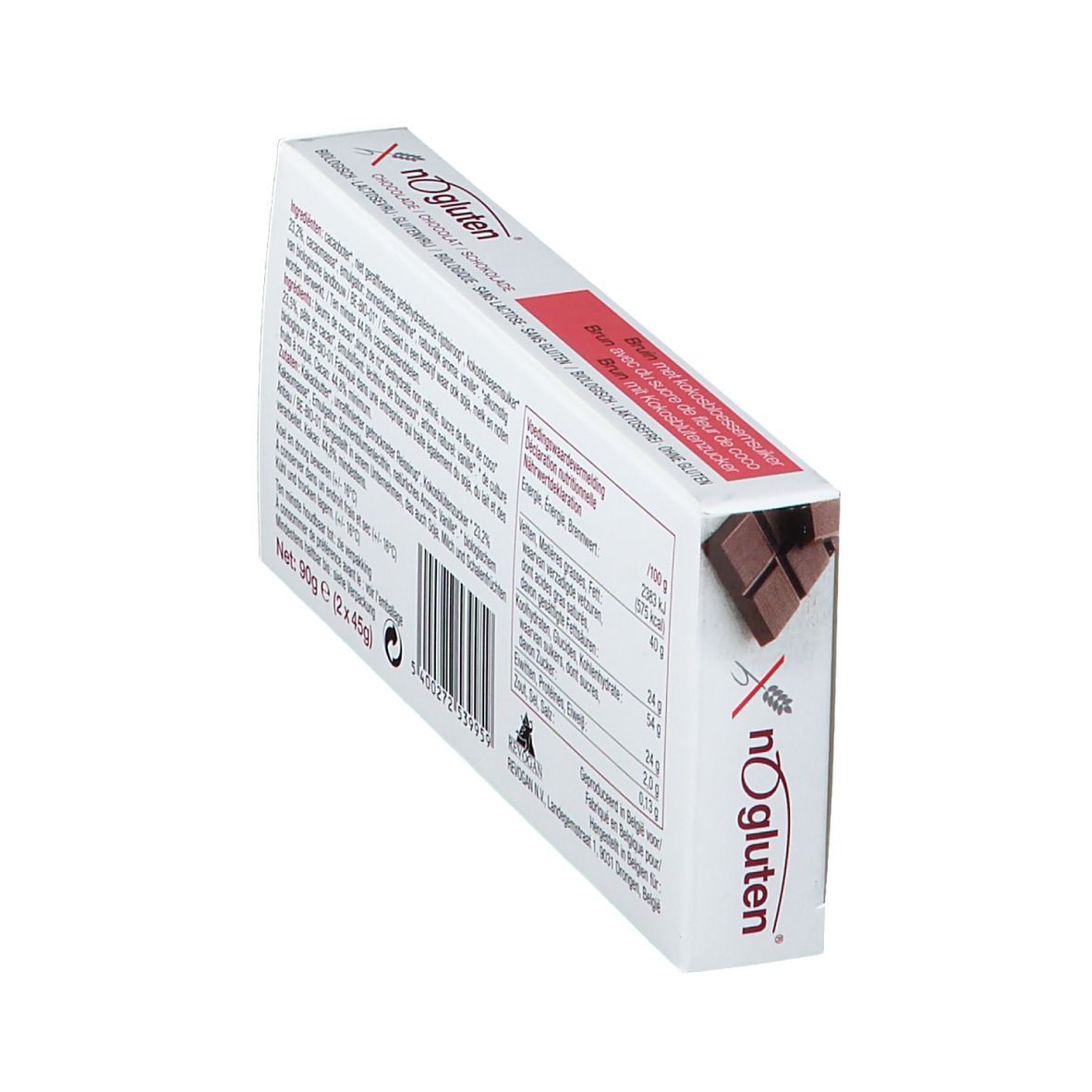 Emballage de chocolat en vue oblique. Texte et informations nutritionnelles visibles. Inscription : nOgluten.