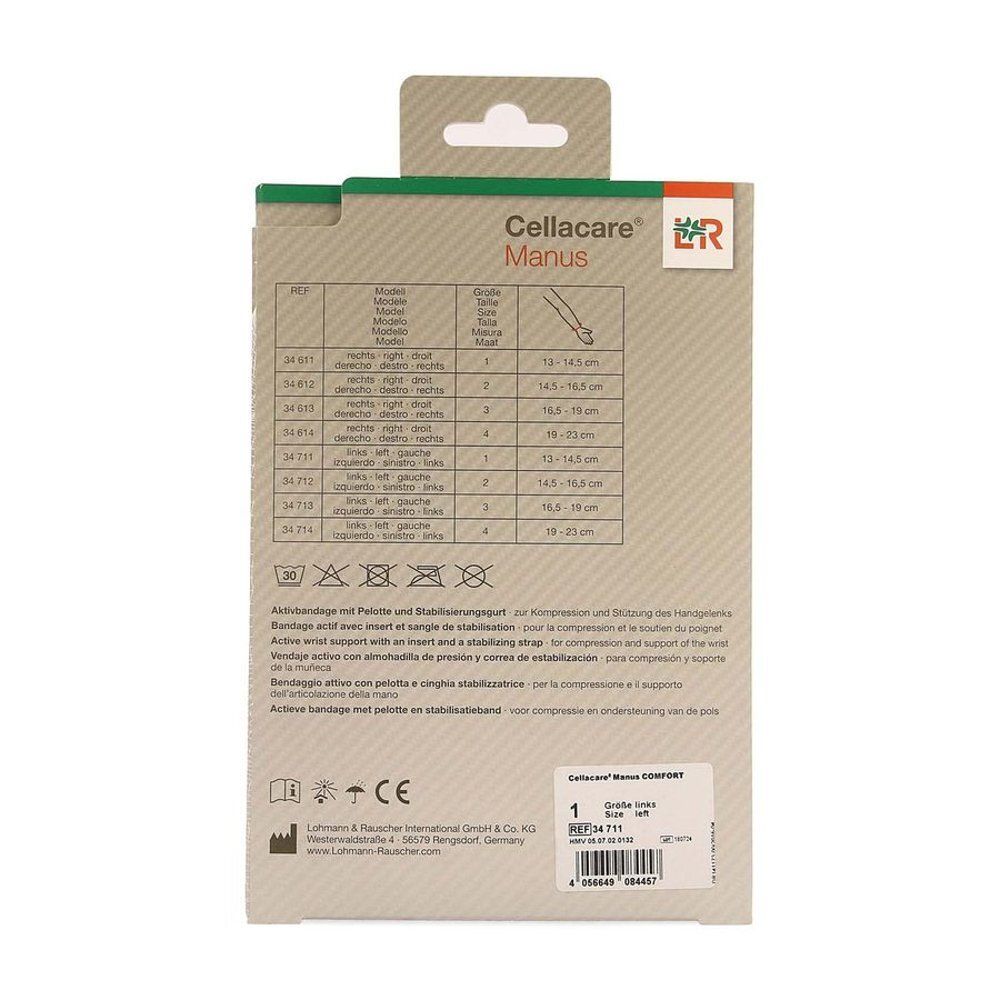 Dos de l'emballage Cellacare® Manus. Tableau des tailles et symboles de lavage.