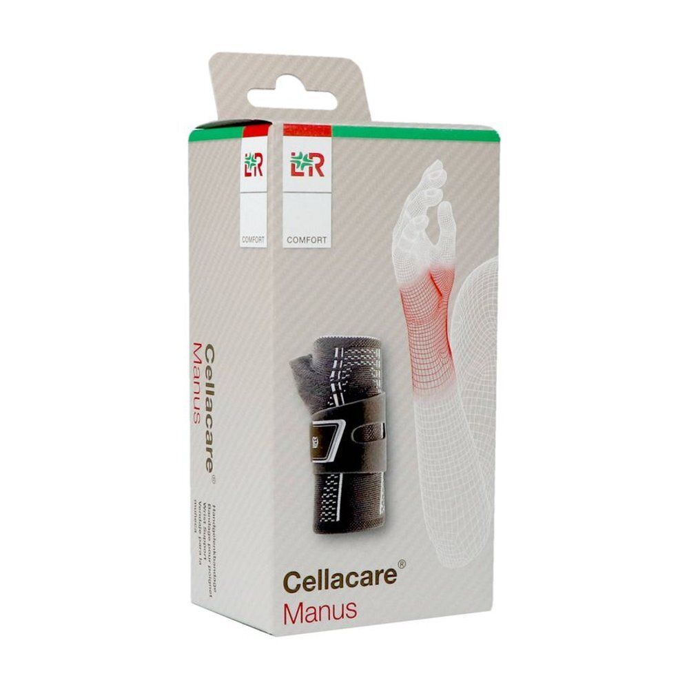 Emballage Cellacare® Manus. Image du produit et illustration du poignet.