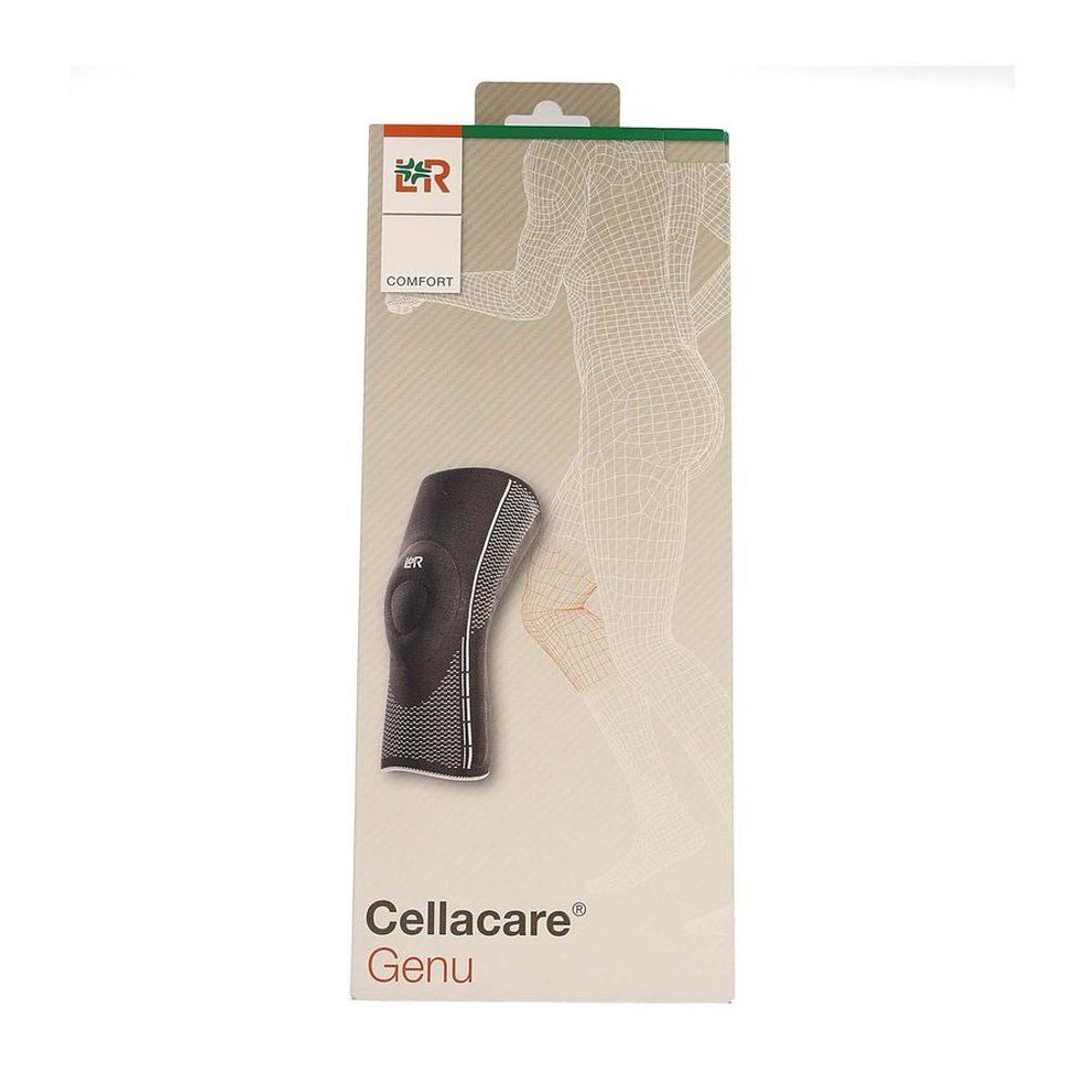 Emballage avec genouillère. Nom du produit Cellacare Genu. Illustration d'un genou humain.