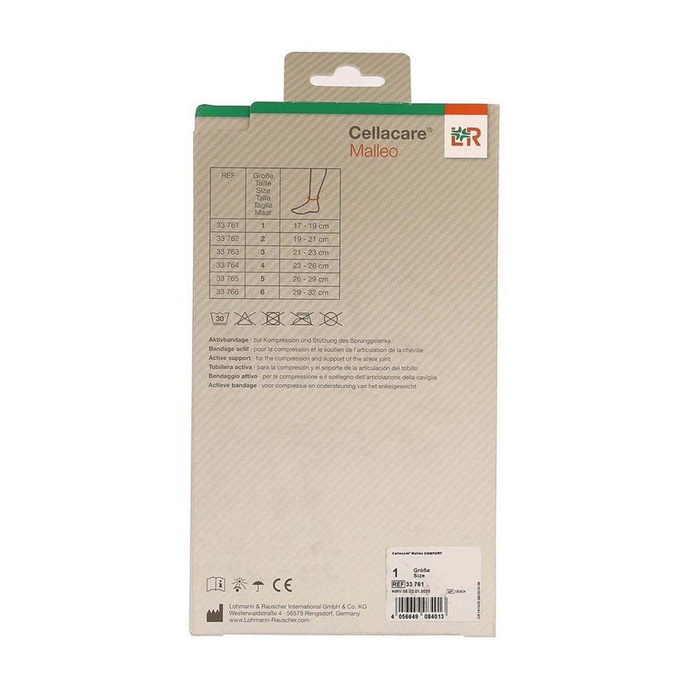 Dos de l'emballage Cellacare Malleo. Informations de taille, symboles de lavage, marquage CE.