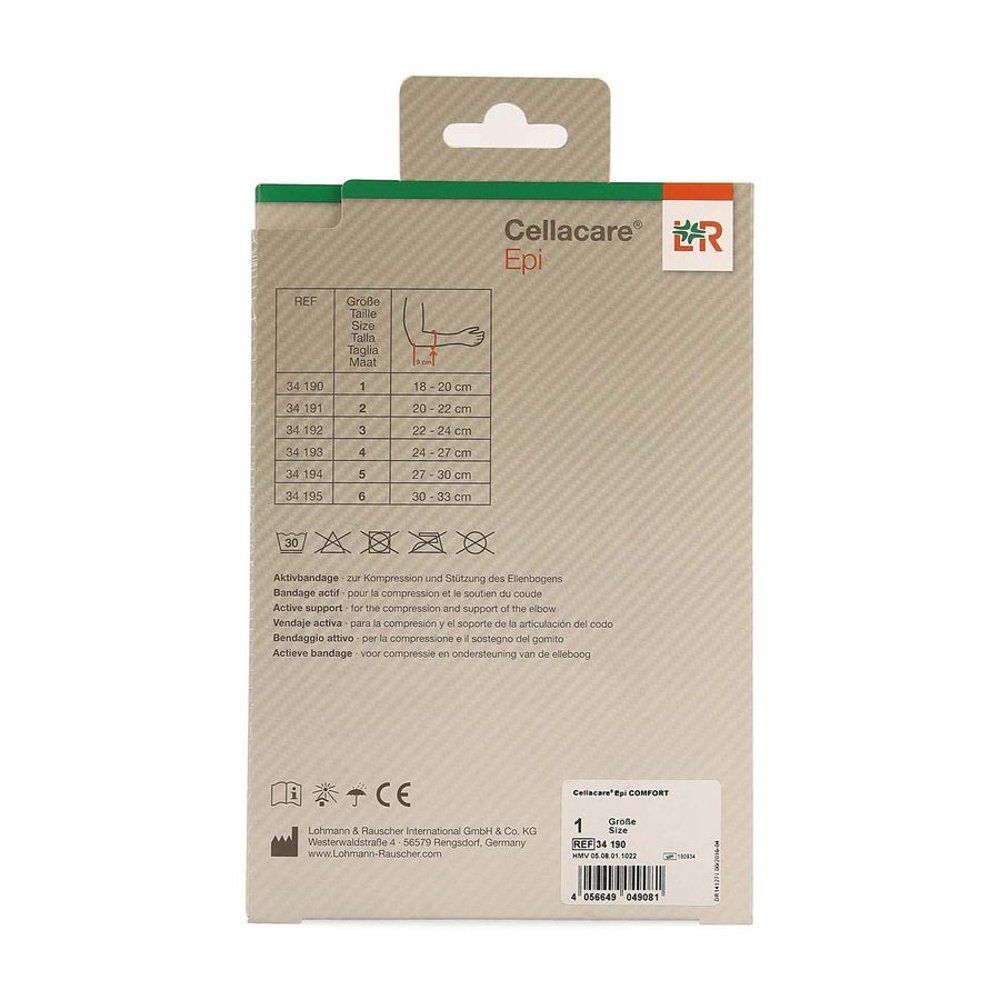 Dos de l'emballage Cellacare Epi. Informations sur les tailles et symboles de lavage. Marquage CE.