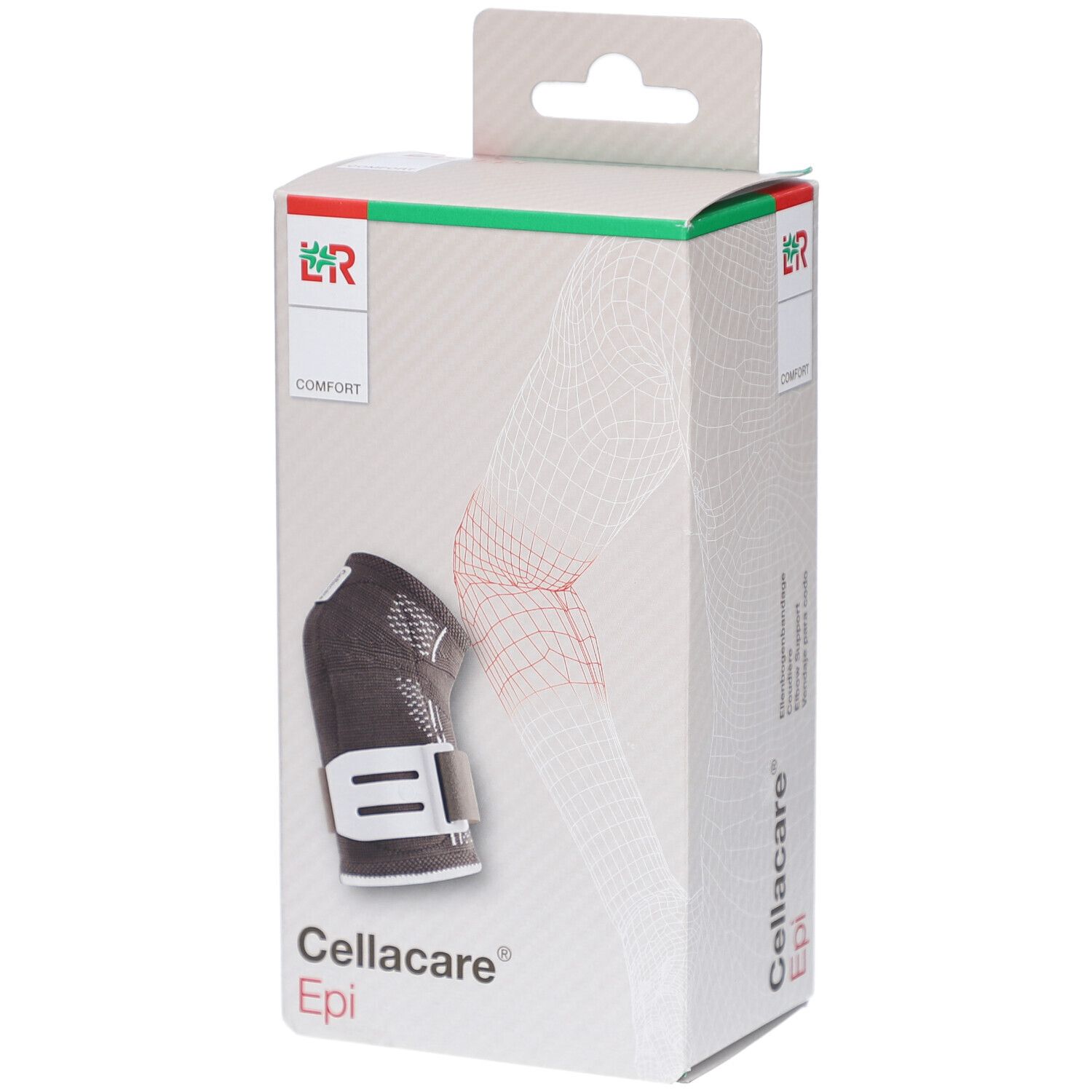 Cellacare Epi Comfort Ellenbogenbandage in Verpackung. Schwarze Bandage mit weißem Verschluss. Box mit Produktabbildung.