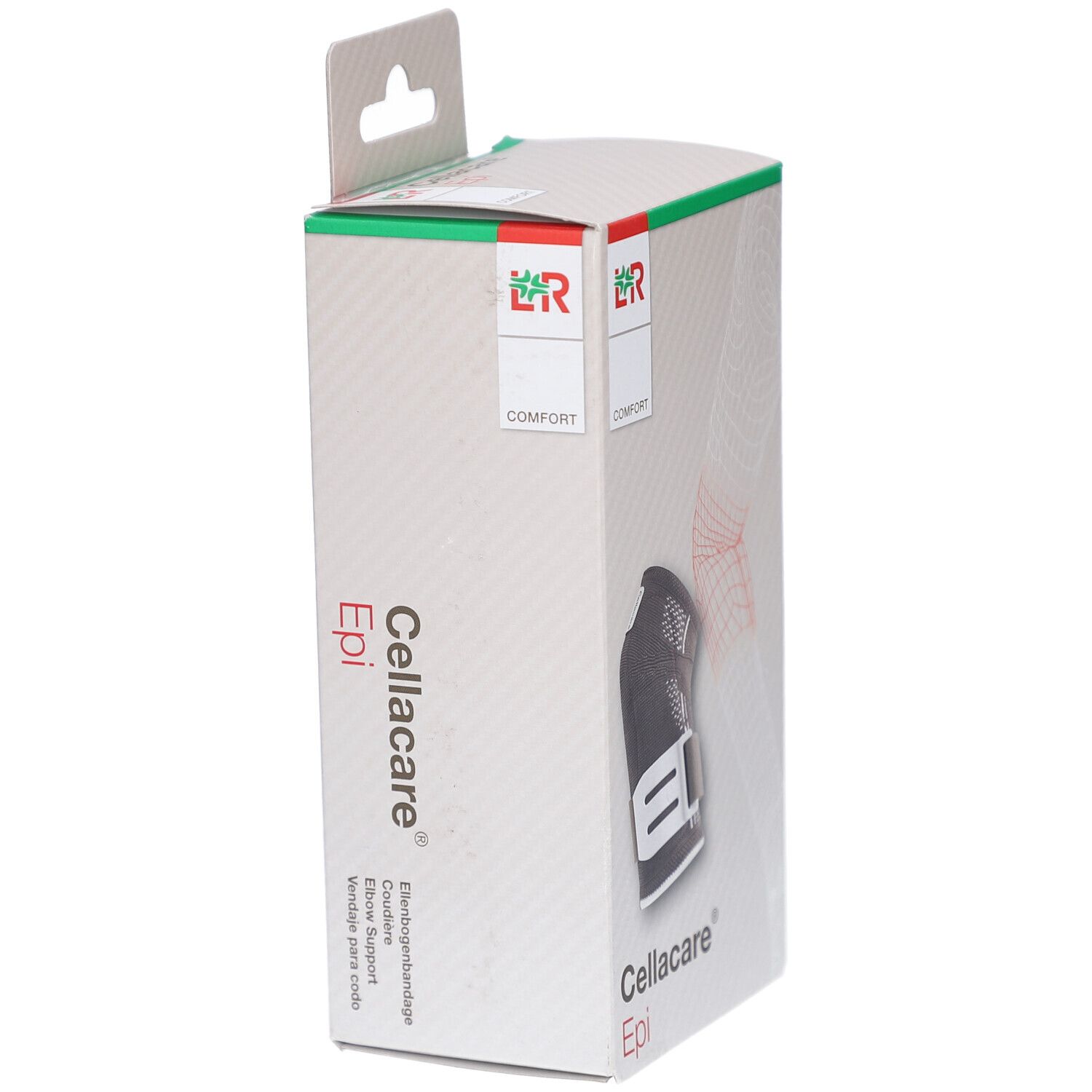 Cellacare Epi Comfort Ellenbogenbandage in Verpackung. Schwarze Bandage mit weißem Verschluss. Box mit Produktnamen.