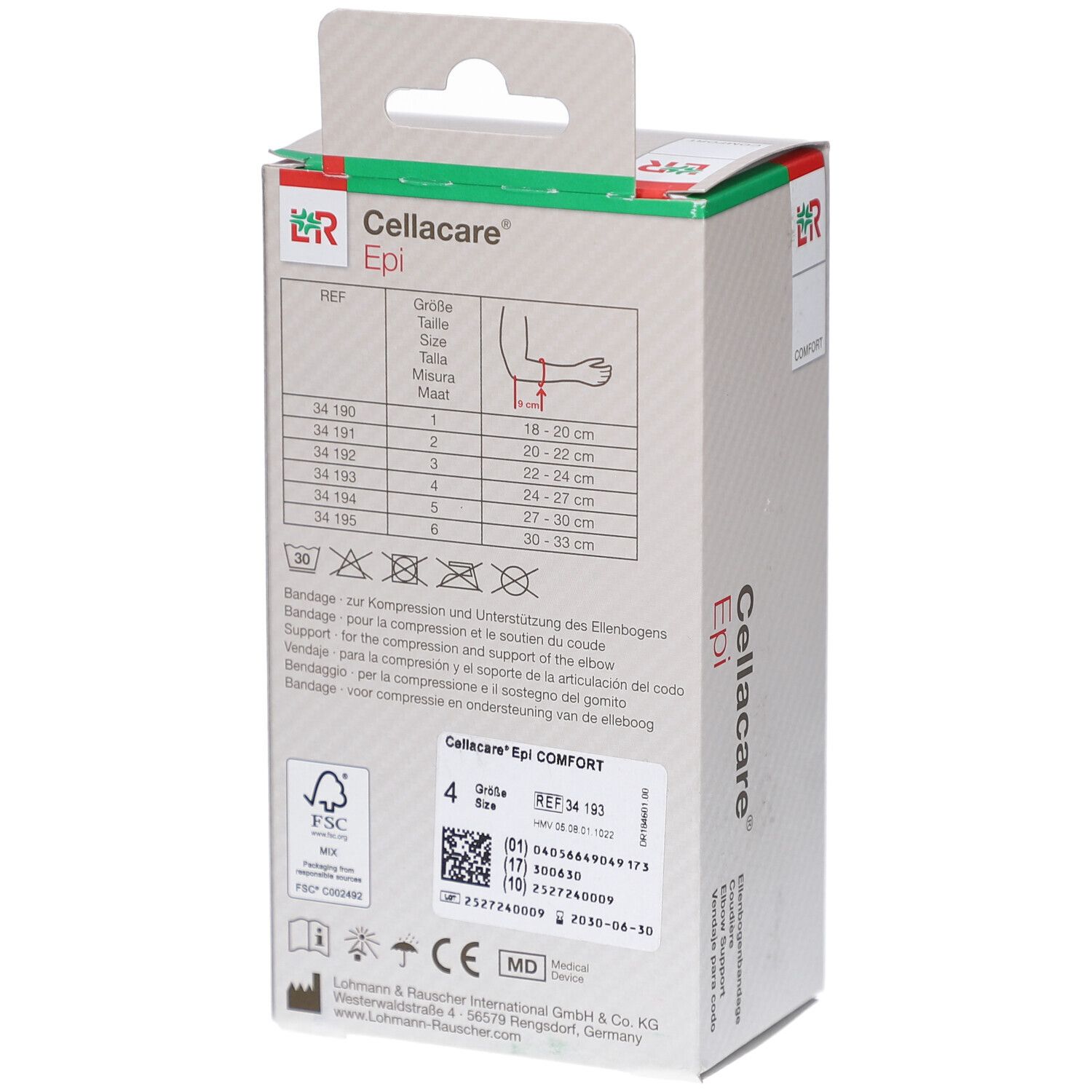 Rückseite der Cellacare Epi Comfort Verpackung. Größenangaben, Produktinformationen und Logos. Größe 4, 24-27 cm.