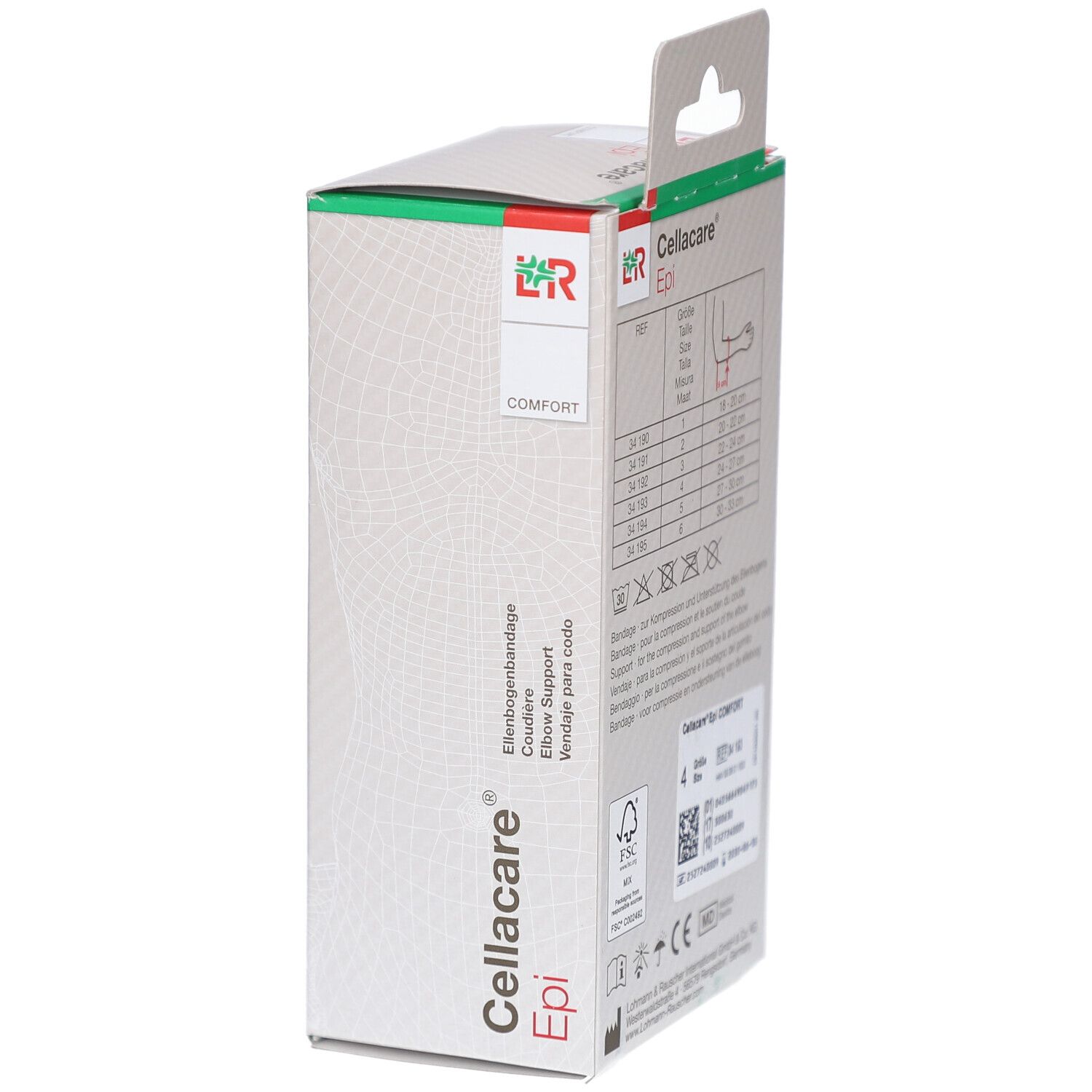 Cellacare Epi Comfort Ellenbogenbandage in Verpackung. Box mit Größenangaben und Produktinformationen. Größe 4.