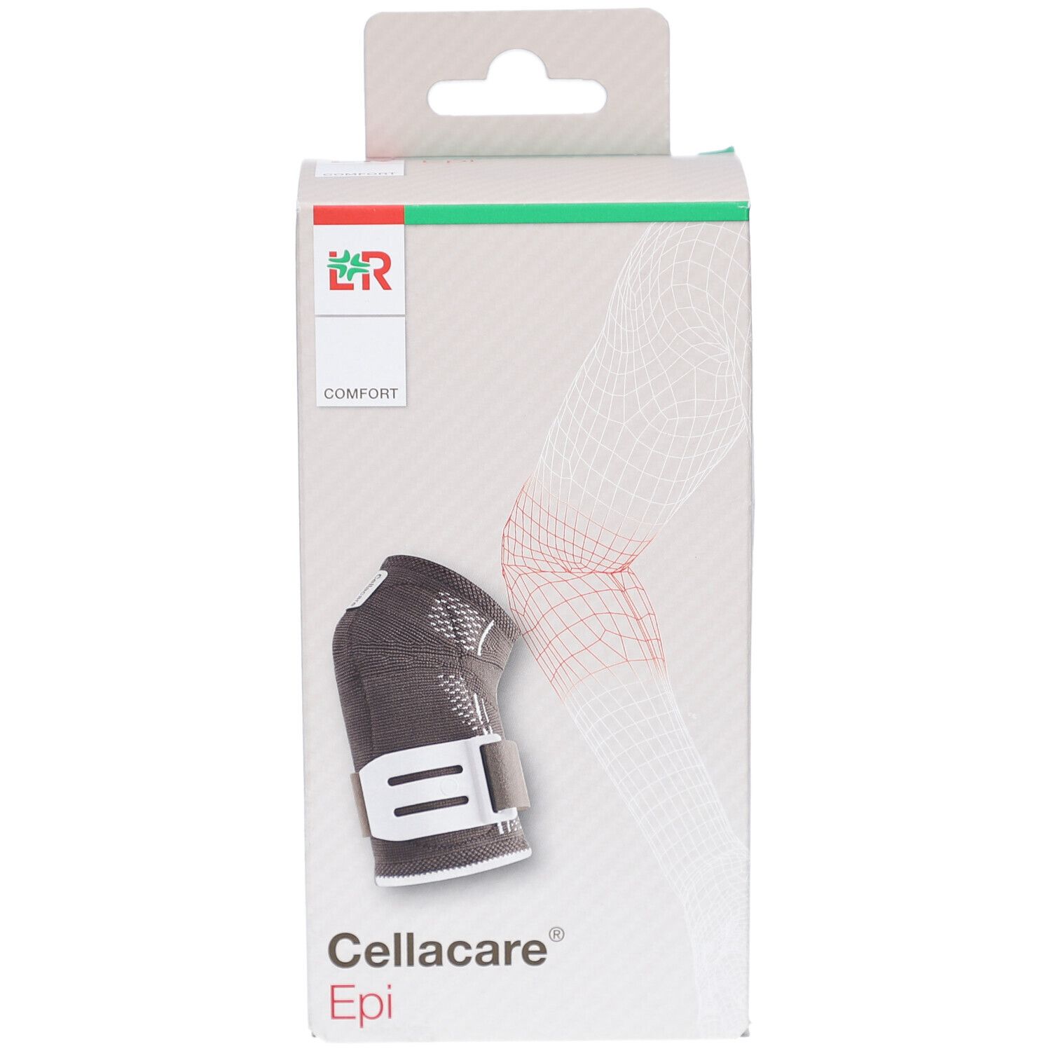 Cellacare Epi Comfort Ellenbogenbandage in Verpackung. Schwarze Bandage mit weißem Verschluss. Box mit Produktabbildung.