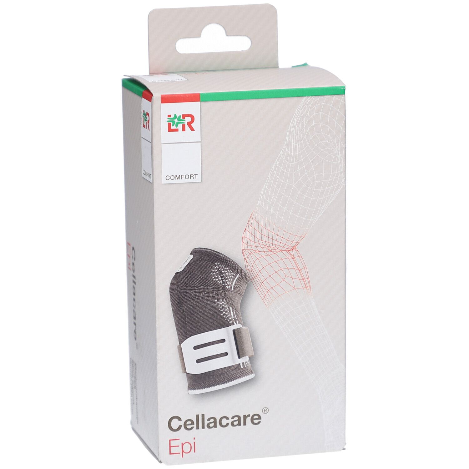 Cellacare Epi Comfort Ellenbogenbandage in Verpackung. Schwarze Bandage mit weißem Verschluss. Box mit Produktabbildung.