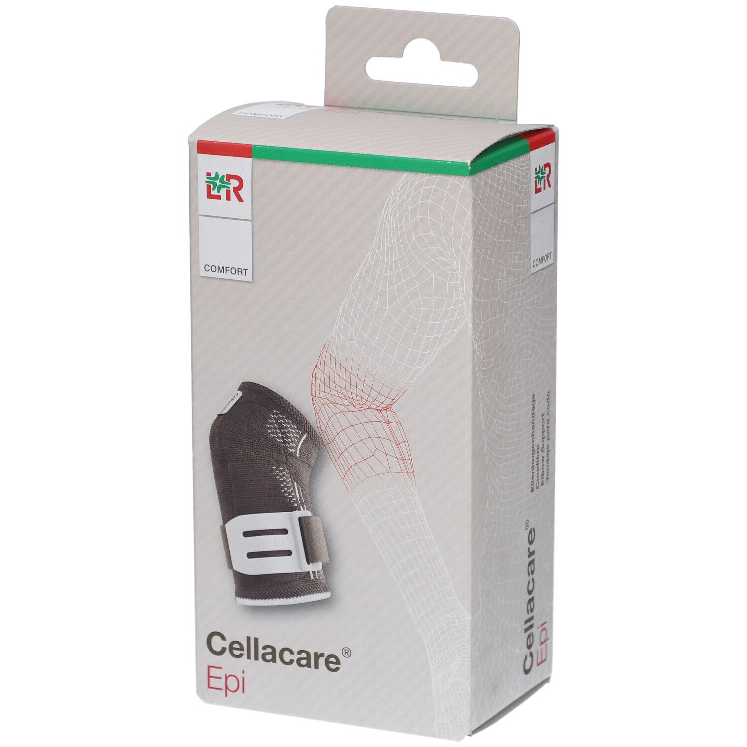 Cellacare Epi Comfort coudière dans son emballage. Bandage noir avec fermeture blanche. Inscription: Cellacare Epi.
