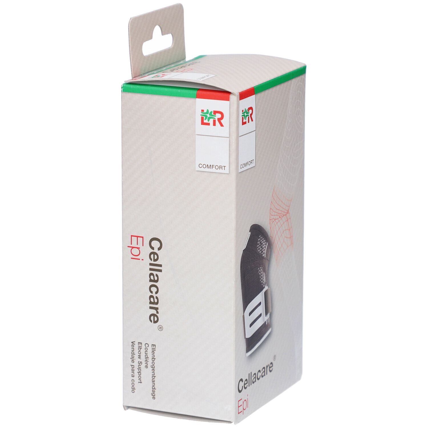 Cellacare Epi Comfort coudière dans son emballage. Vue latérale. Inscription: Cellacare Epi, coudière, Comfort.