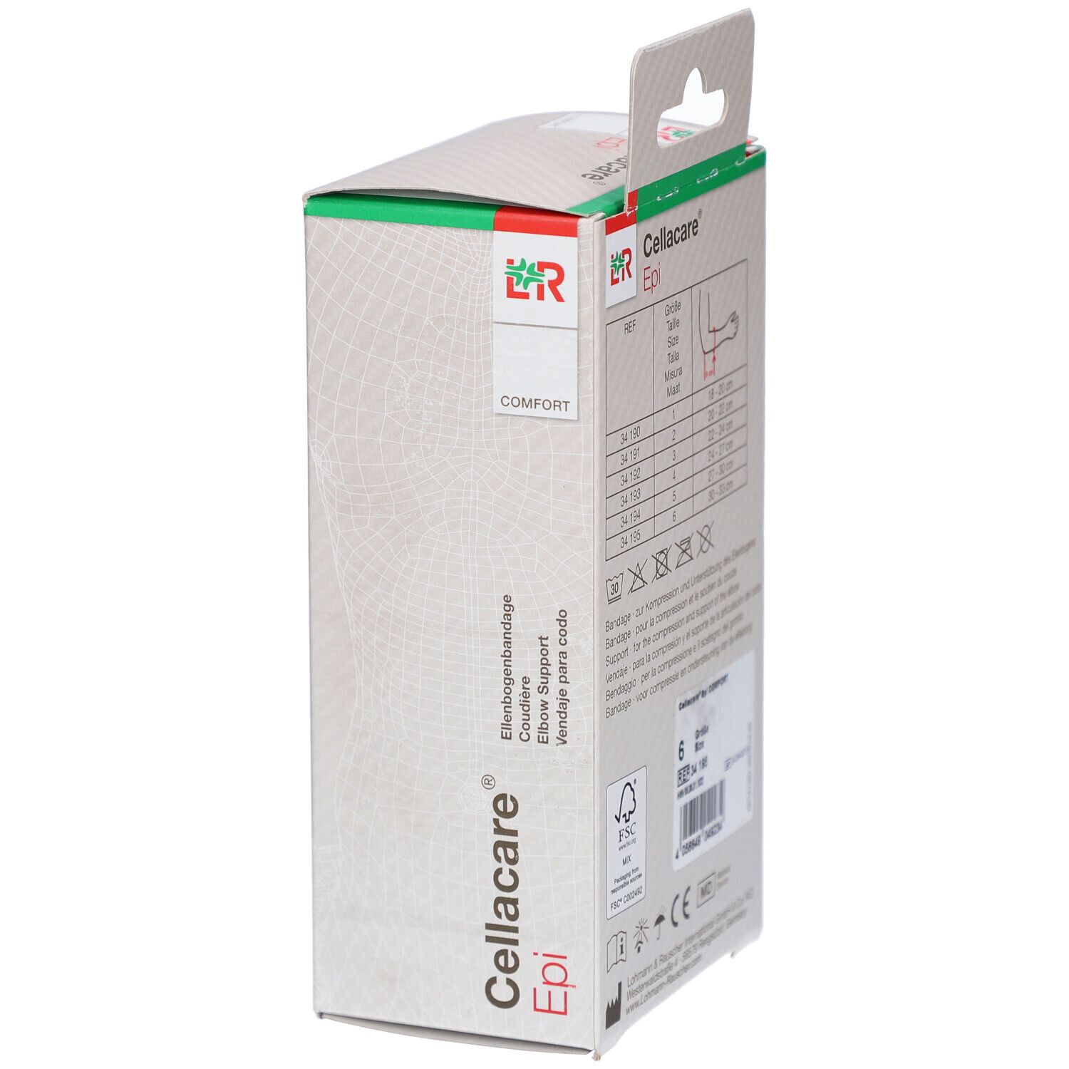 Emballage Cellacare Epi Comfort. Vue latérale avec tableau des tailles. Inscription: Cellacare Epi, coudière, Comfort.