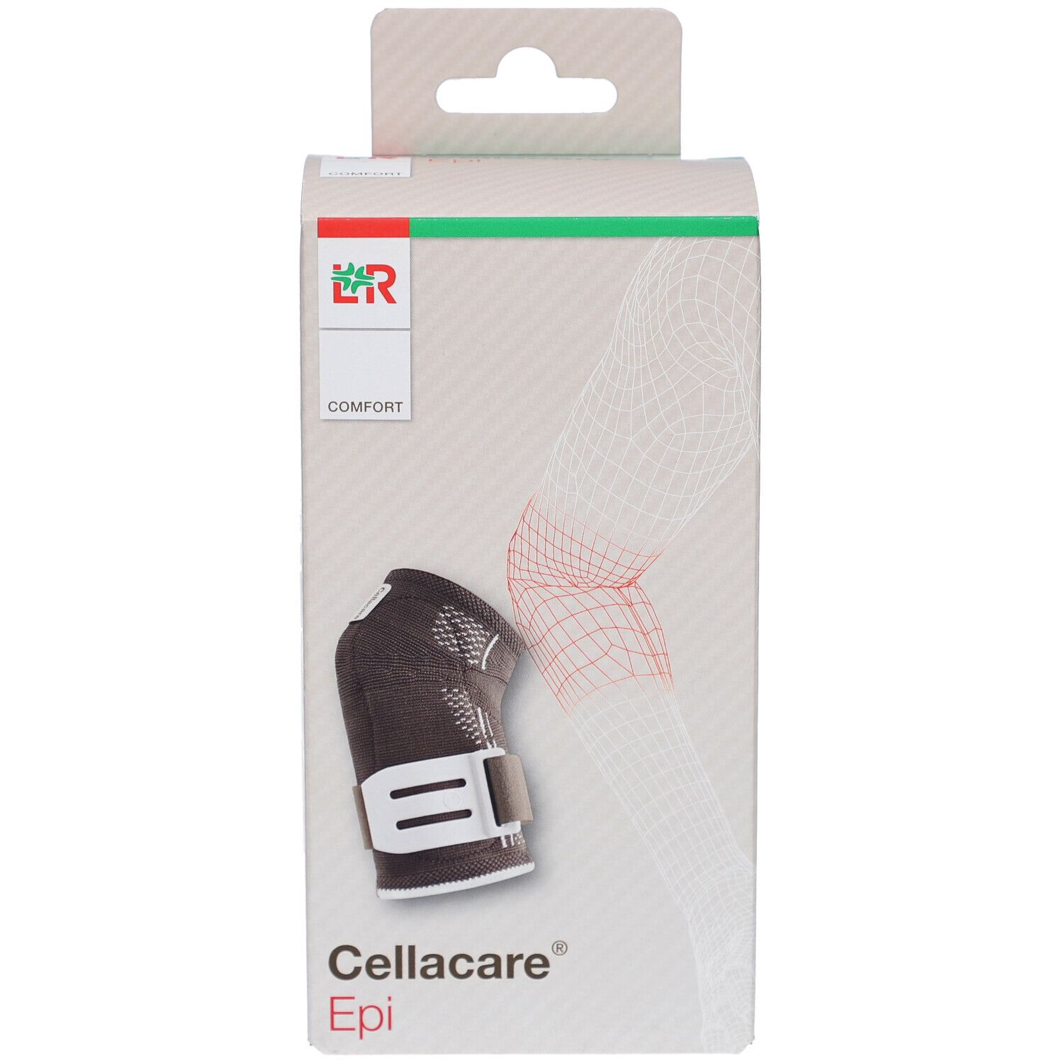 Cellacare Epi Comfort coudière dans son emballage. Bandage noir avec fermeture blanche. Inscription: Cellacare Epi.