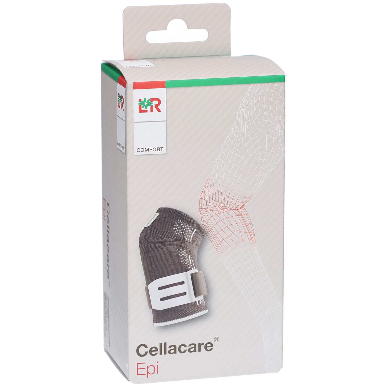 Cellacare Epi Comfort coudière dans son emballage. Bandage noir avec fermeture blanche. Inscription: Cellacare Epi.