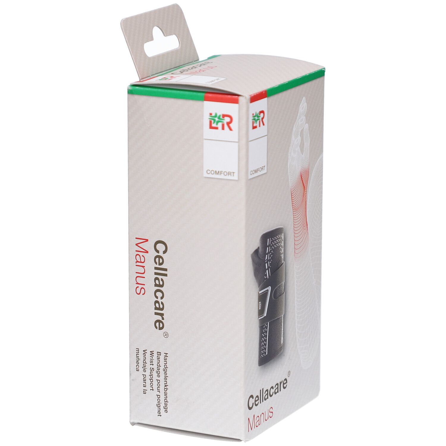 Verpackung Cellacare Manus. Bandage und Handmodell abgebildet. Logo und Schriftzug Cellacare Manus.
