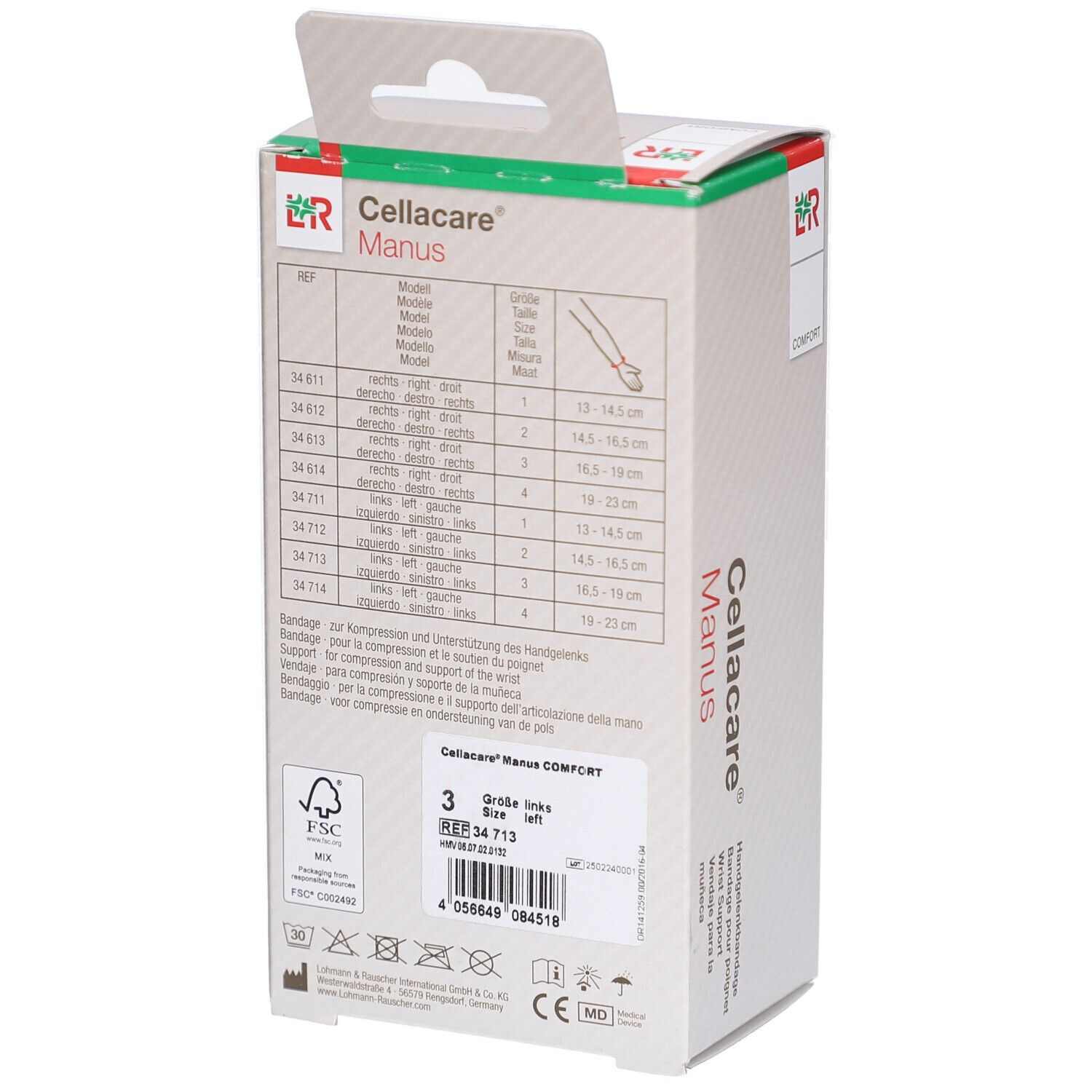 Rückseite der Verpackung Cellacare Manus. Größenangaben und Produktinformationen.