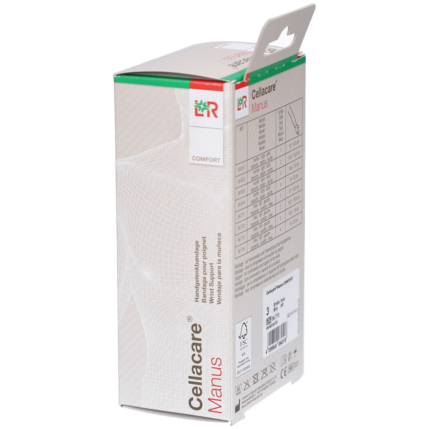 Verpackung Cellacare Manus. Größenangaben und Produktinformationen auf der Rückseite.