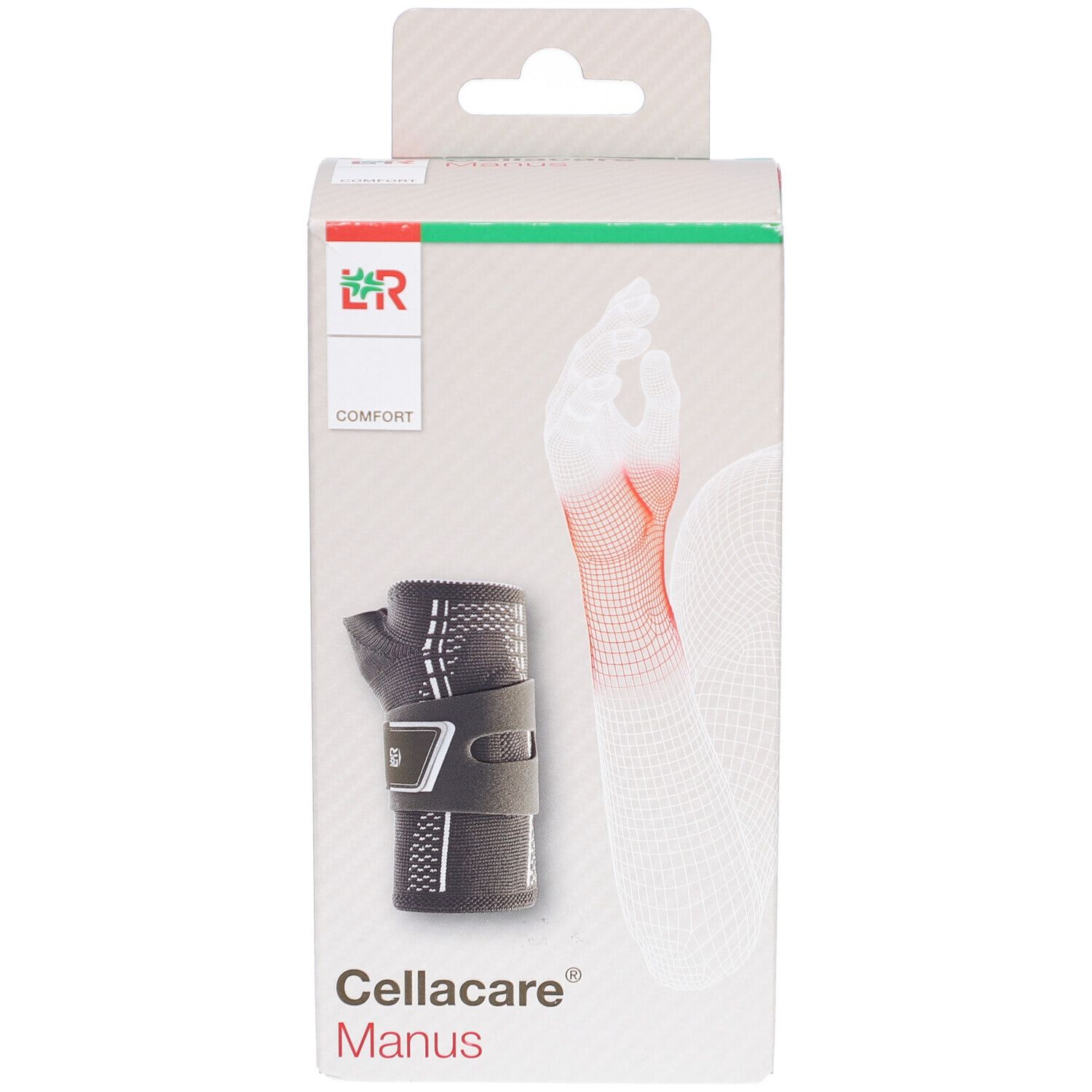 Verpackung Cellacare Manus. Bandage und Handmodell abgebildet. Logo und Schriftzug Cellacare Manus.