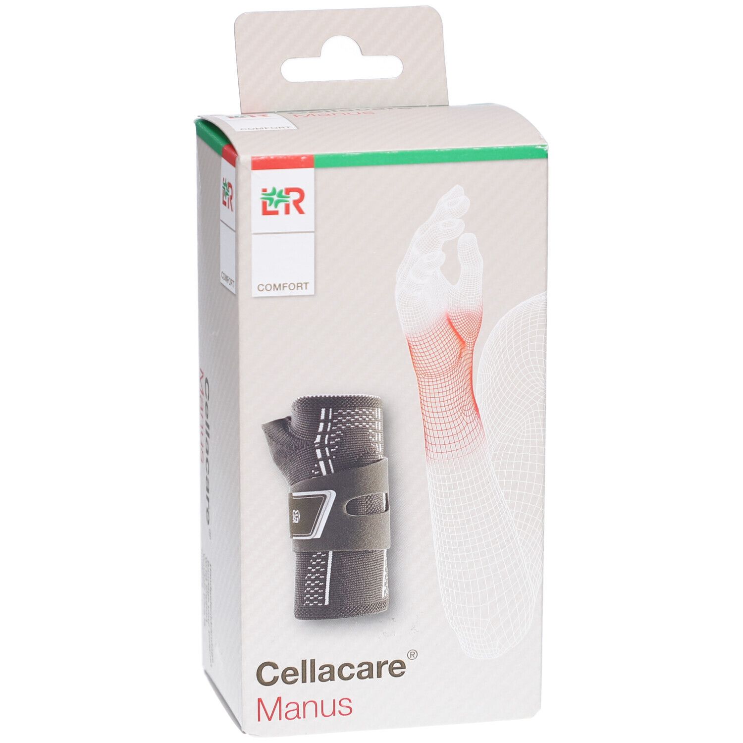 Verpackung Cellacare Manus. Bandage und Handmodell abgebildet. Logo und Schriftzug Cellacare Manus.