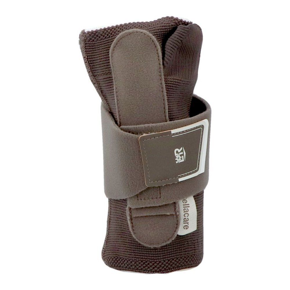Attelle de poignet marron avec fermeture velcro. Logo Cellacare visible. Taille 19-23 cm.