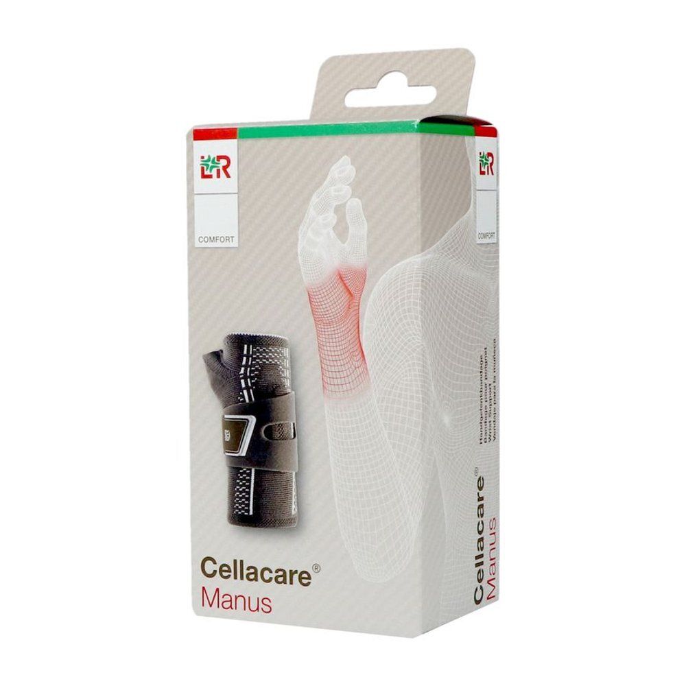 Emballage avec attelle de poignet. Cellacare Manus, Comfort, logo et illustration d'un poignet.