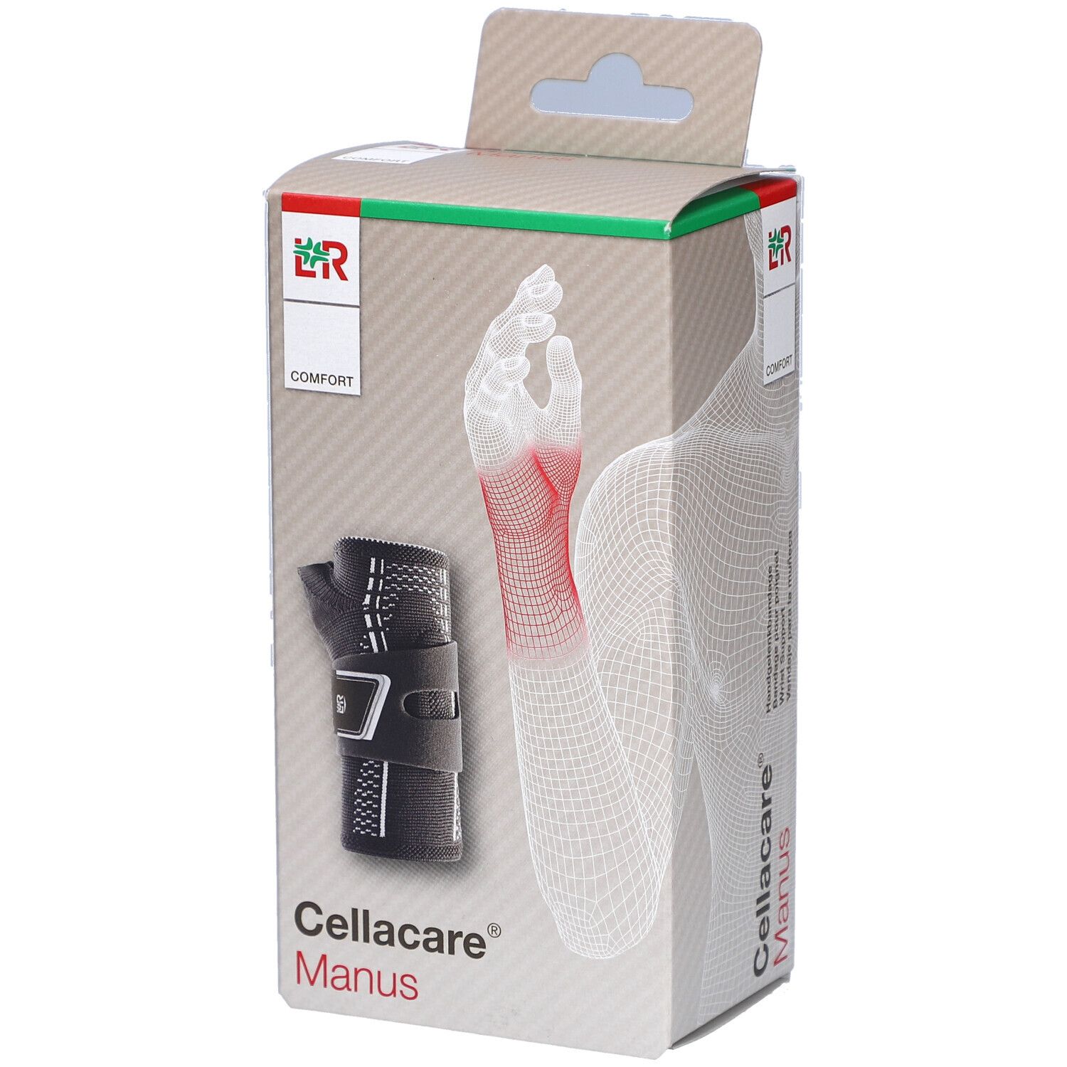 Cellacare Manus Comfort Rechts. Handgelenkbandage in Verpackung. Abbildung eines Handgelenks und des Produkts.
