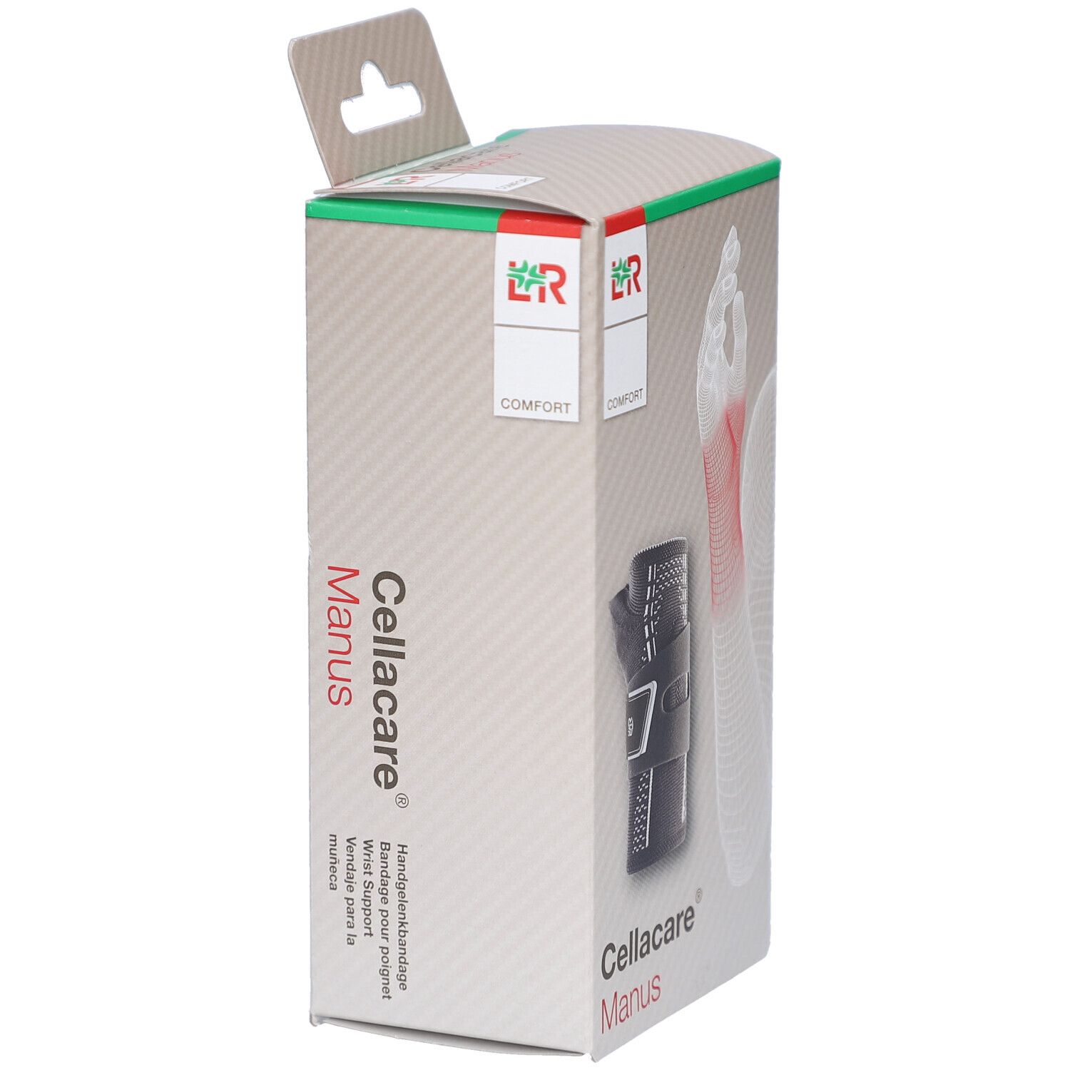 Cellacare Manus Comfort Rechts. Verpackung mit Handgelenkbandage. Produktabbildung und Illustration einer Hand.
