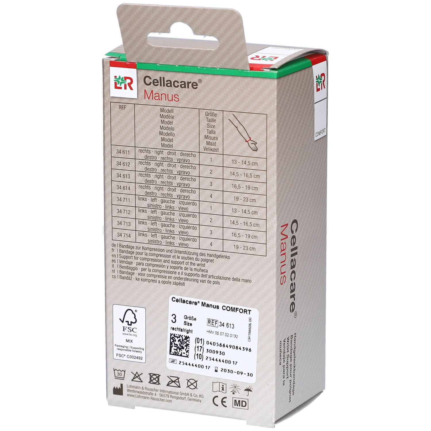 Rückseite der Cellacare Manus Comfort Verpackung. Tabellen mit Größenangaben und Produktinformationen.