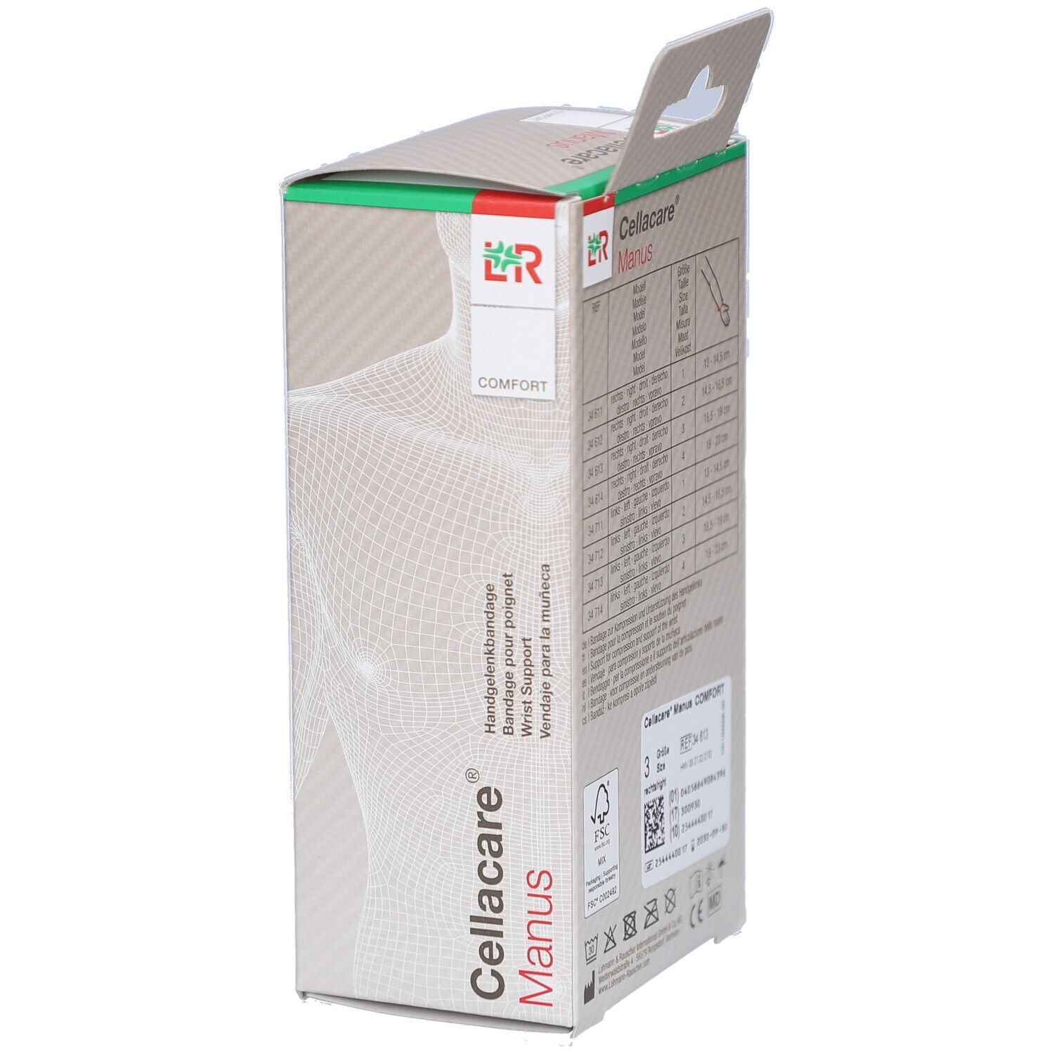Cellacare Manus Comfort Verpackung. Handgelenkbandage abgebildet. Produktname und Logo deutlich sichtbar.