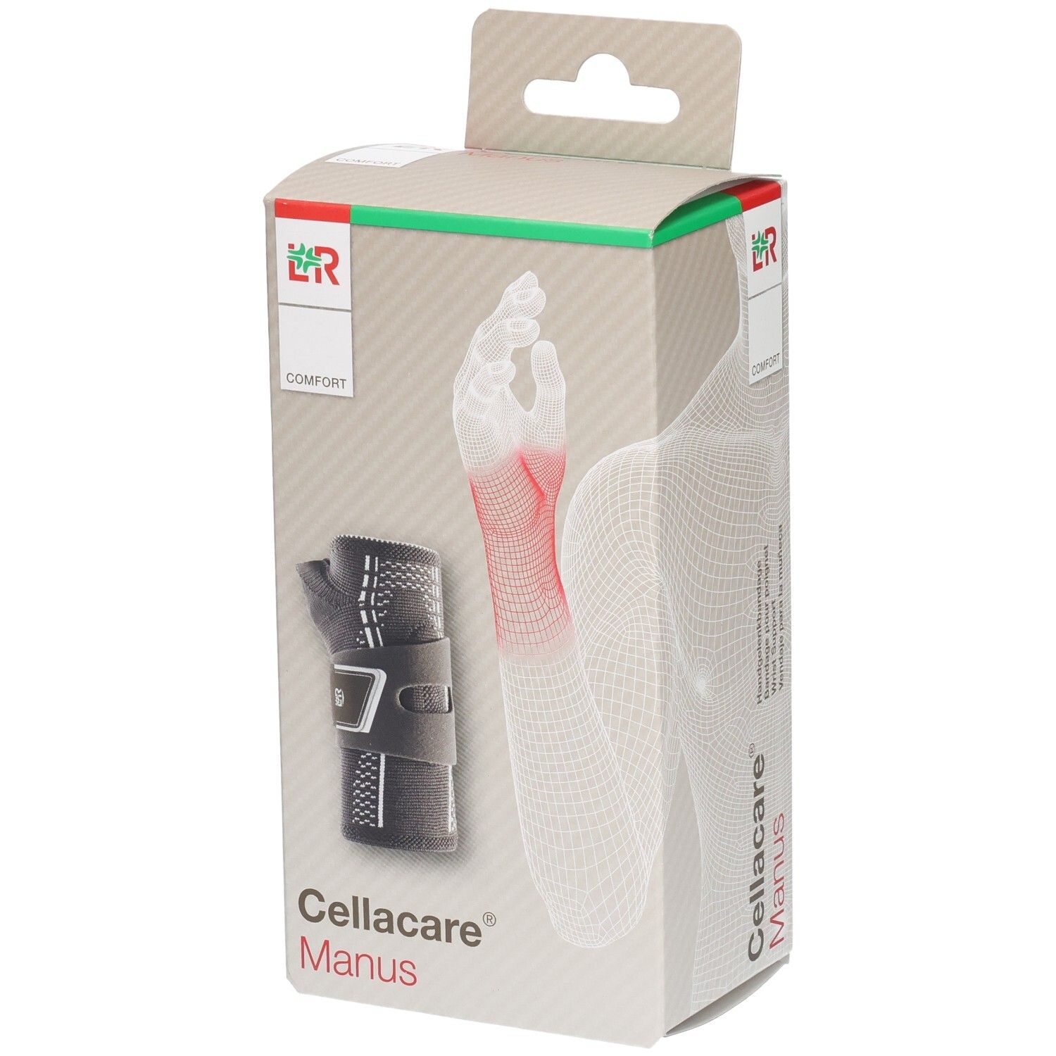Cellacare Manus Comfort Rechts. Verpackung mit Handgelenkbandage. Graue Bandage mit Klettverschluss. Illustration eines Handgelenks.