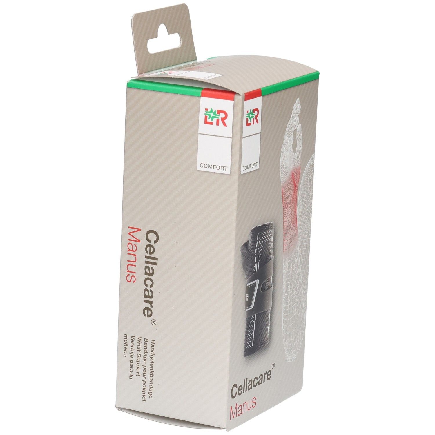 Cellacare Manus. Verpackung mit Handgelenkbandage. Graue Bandage mit Klettverschluss. Illustration eines Handgelenks.
