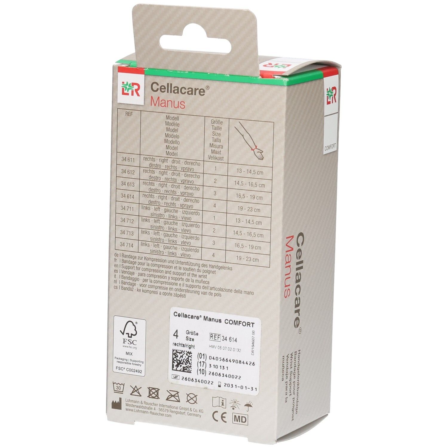 Rückseite der Cellacare Manus Verpackung. Tabellen mit Größenangaben. Logos und Informationen.
