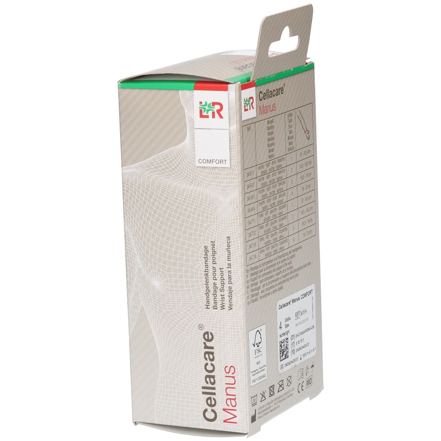 Cellacare Manus Verpackung. Handgelenkbandage. Illustration eines Handgelenks. Text: Handgelenkbandage, Wrist Support.