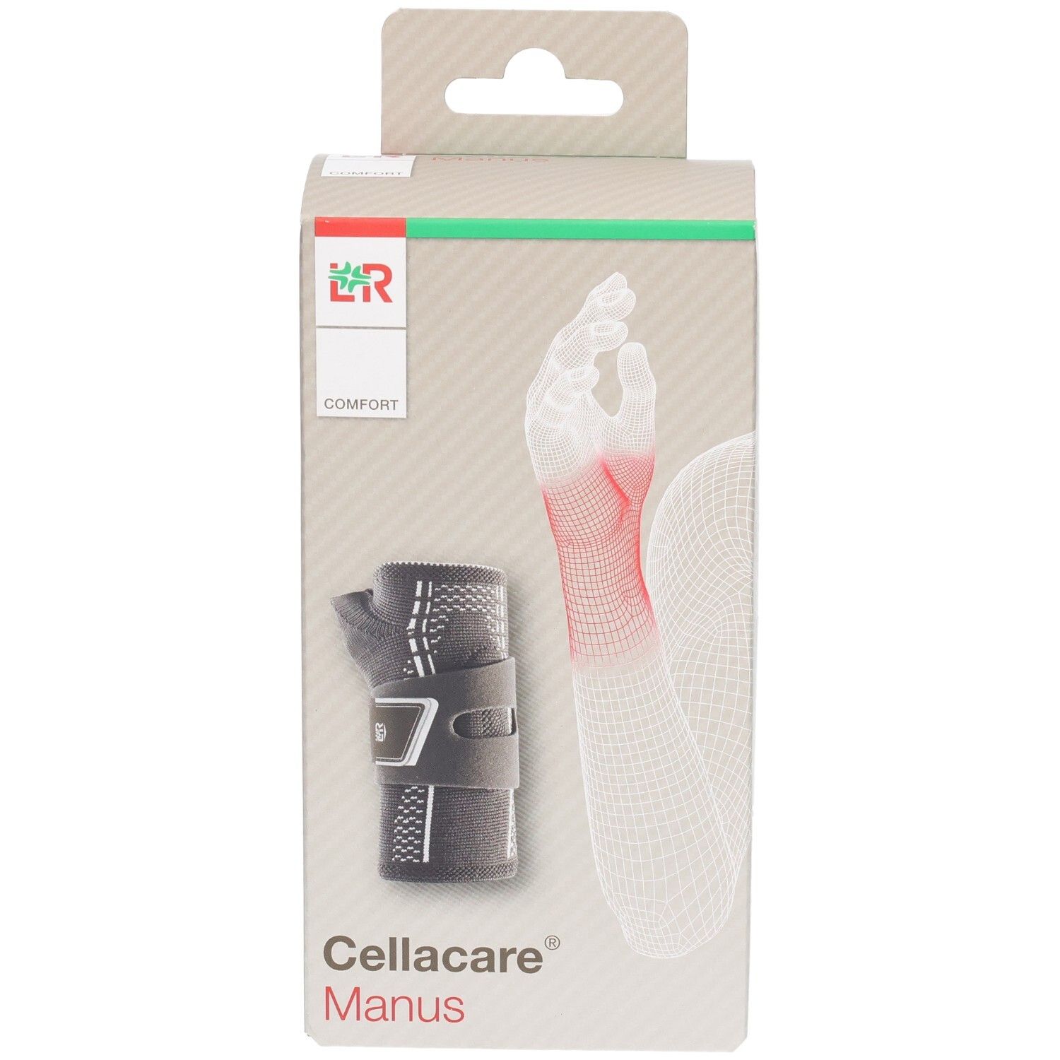 Cellacare Manus Comfort Rechts. Verpackung mit Handgelenkbandage. Graue Bandage mit Klettverschluss. Illustration eines Handgelenks.