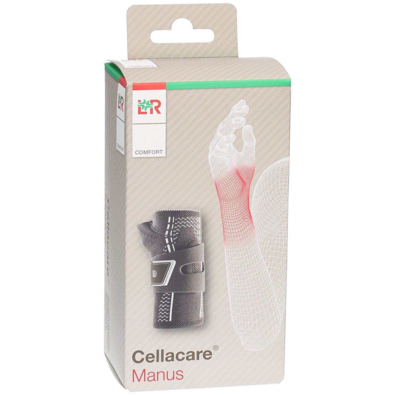 Cellacare Manus Comfort Rechts. Verpackung mit Handgelenkbandage. Graue Bandage mit Klettverschluss. Illustration eines Handgelenks.