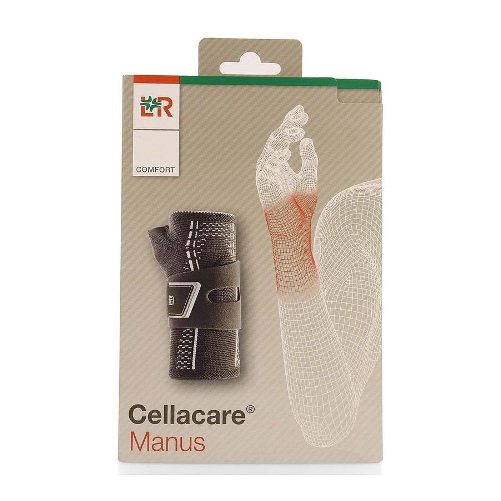 Emballage de Cellacare Manus. Image de l'attelle et d'une main. Texte: Cellacare Manus, Comfort.