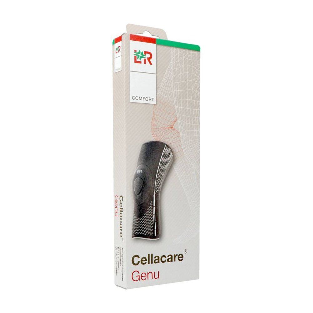 Emballage Cellacare Genu. Genouillère noire, motif en maille blanche, logo fabricant. Inscription Comfort.