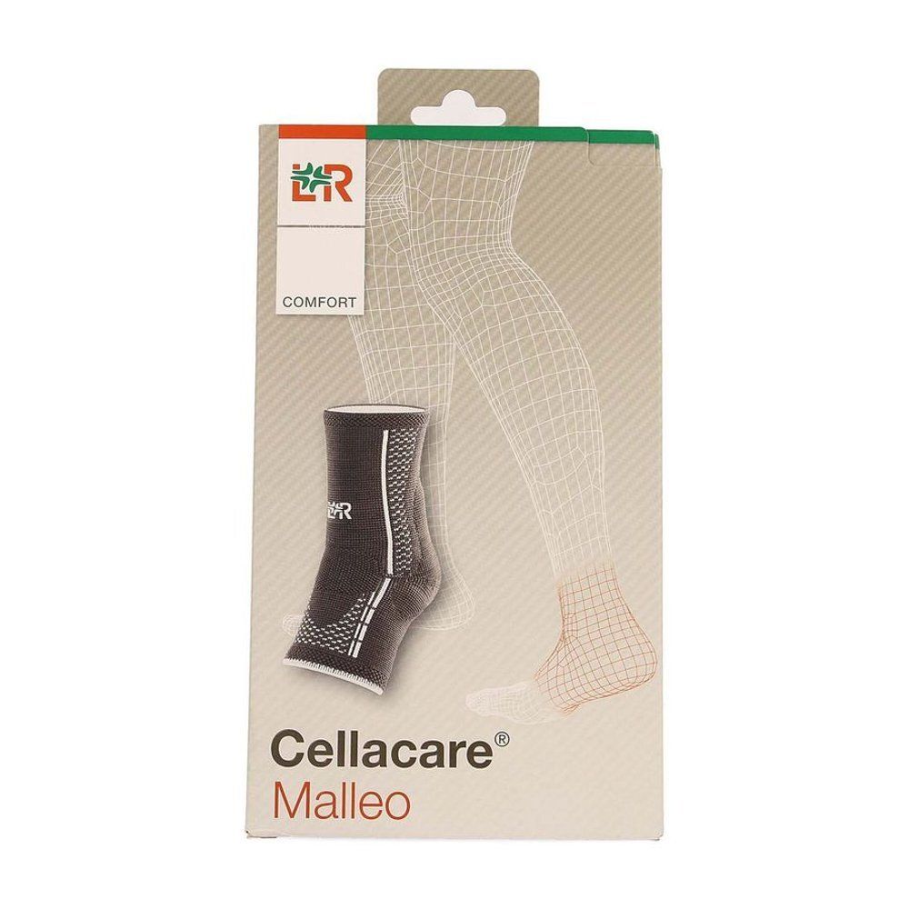 Attelle de cheville Cellacare Malleo Comfort dans son emballage. Image du produit, contour du pied et de la jambe. Texte: Cellacare Malleo.