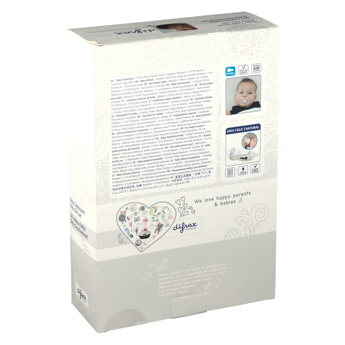 Dos du coffret cadeau. Texte et illustrations. Marque difrax®.