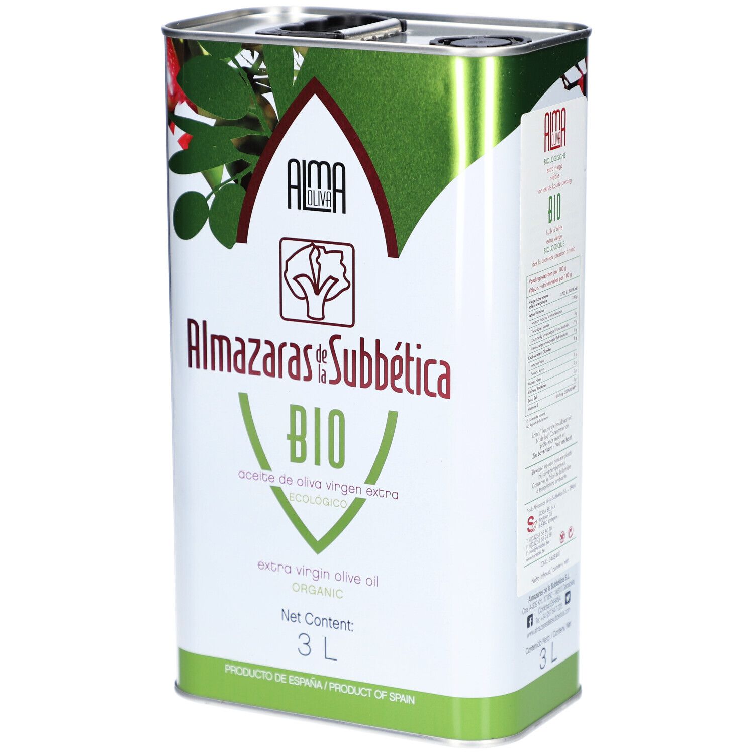 Bidon métallique rectangulaire. Inscription : Almaoliva Bio, Almazaras de la Subbética, 3L. Design vert et rouge.
