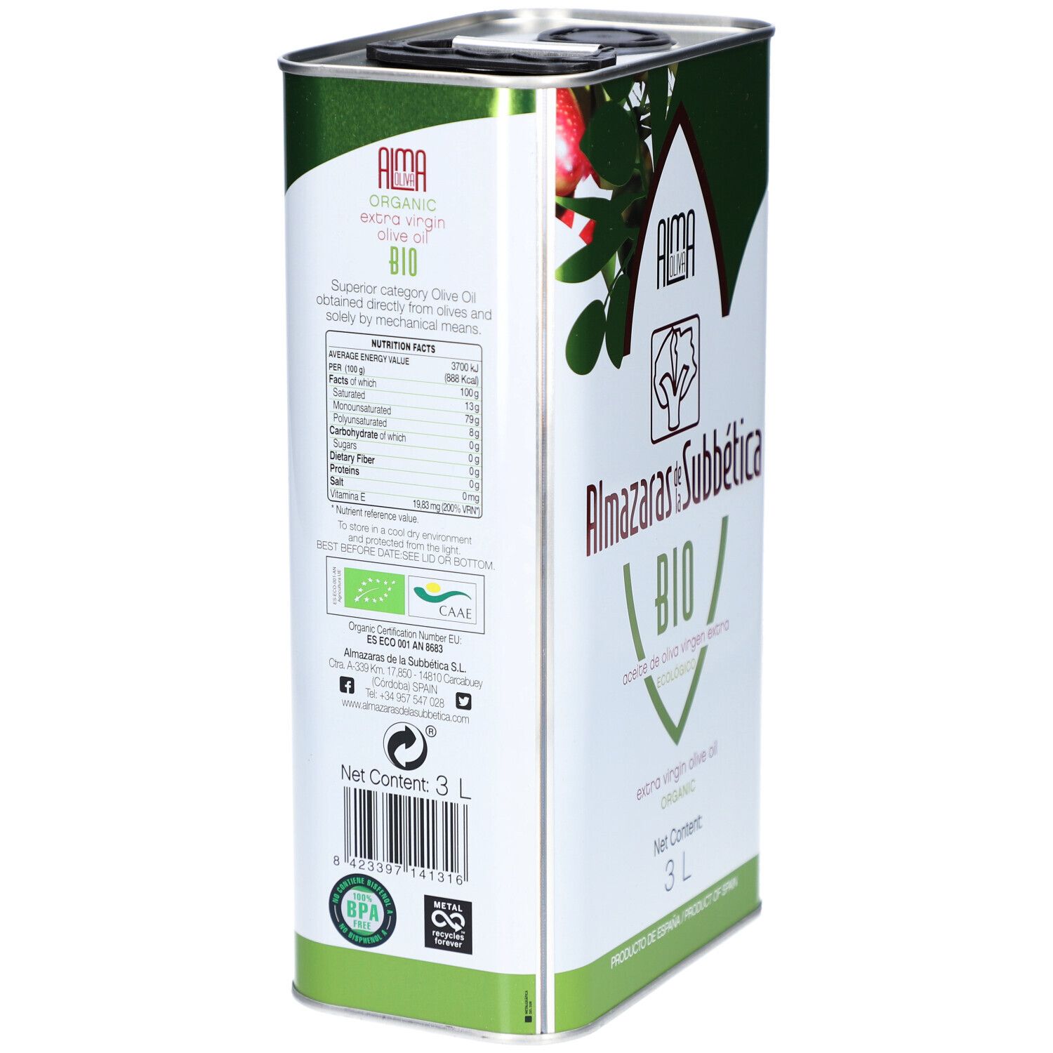 Bidon métallique rectangulaire. Vue latérale avec informations nutritionnelles et label bio. Inscription : Almaoliva Bio, 3L.