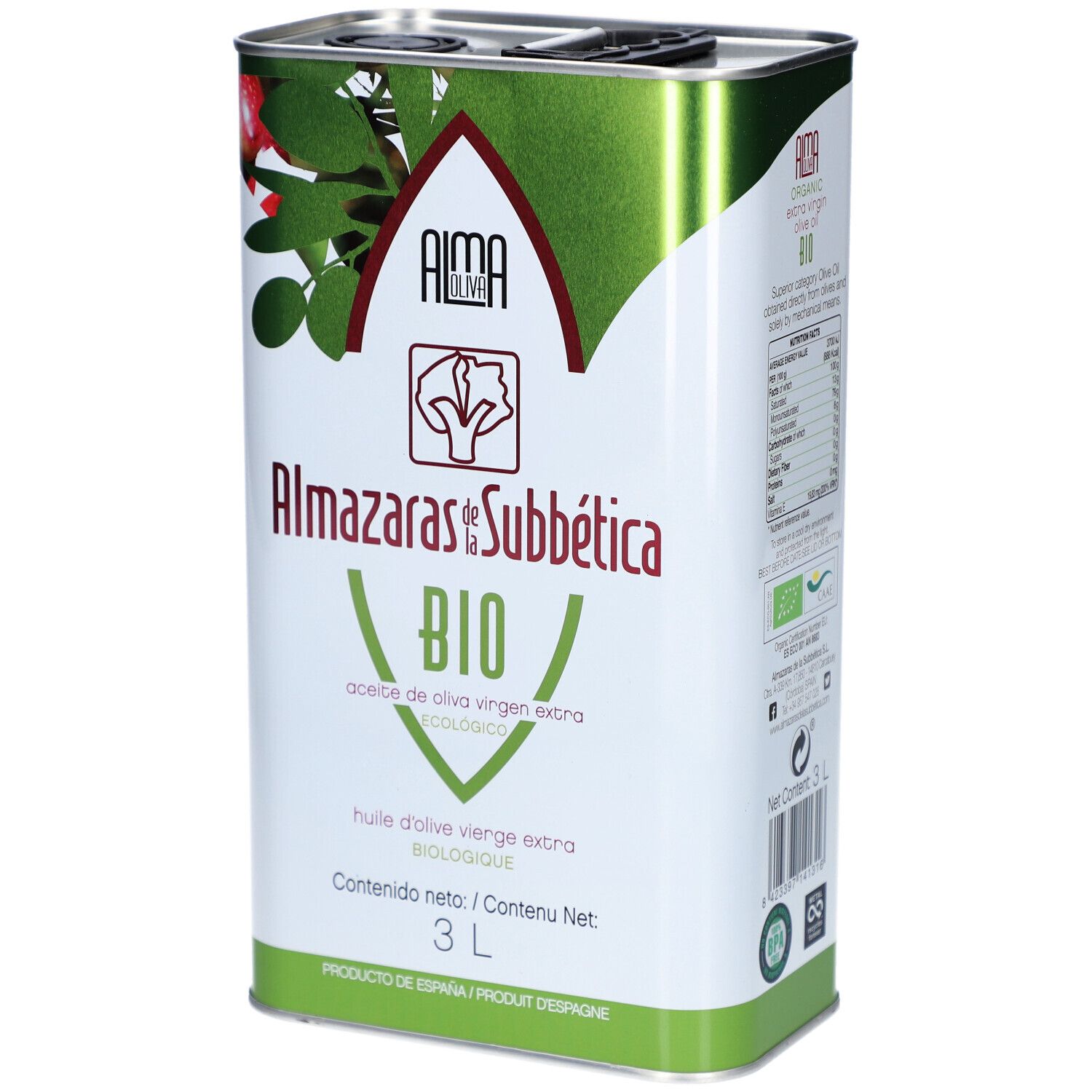 Bidon métallique rectangulaire. Inscription : Almaoliva Bio, Almazaras de la Subbética, 3L. Design vert et rouge.