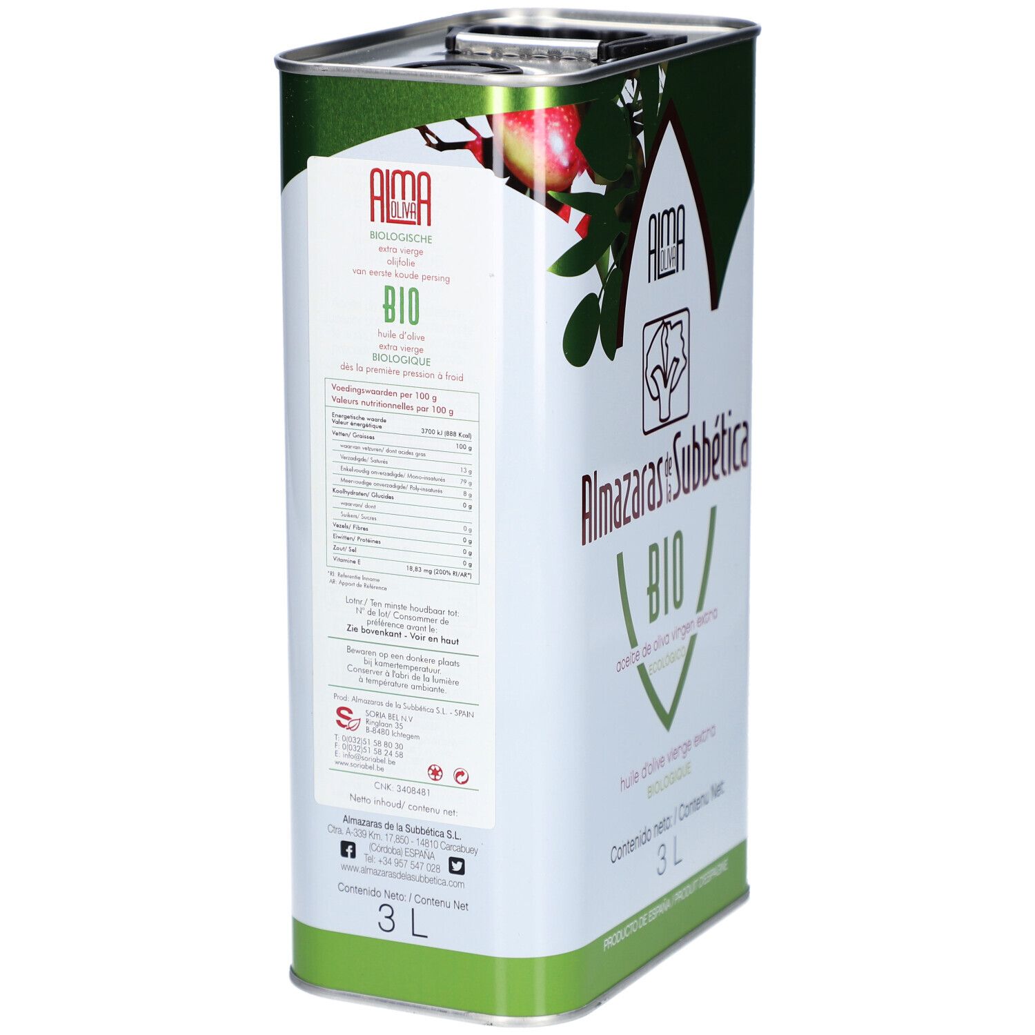 Bidon métallique rectangulaire. Vue latérale avec informations nutritionnelles. Inscription : Almaoliva Bio, 3L. Design vert et rouge.