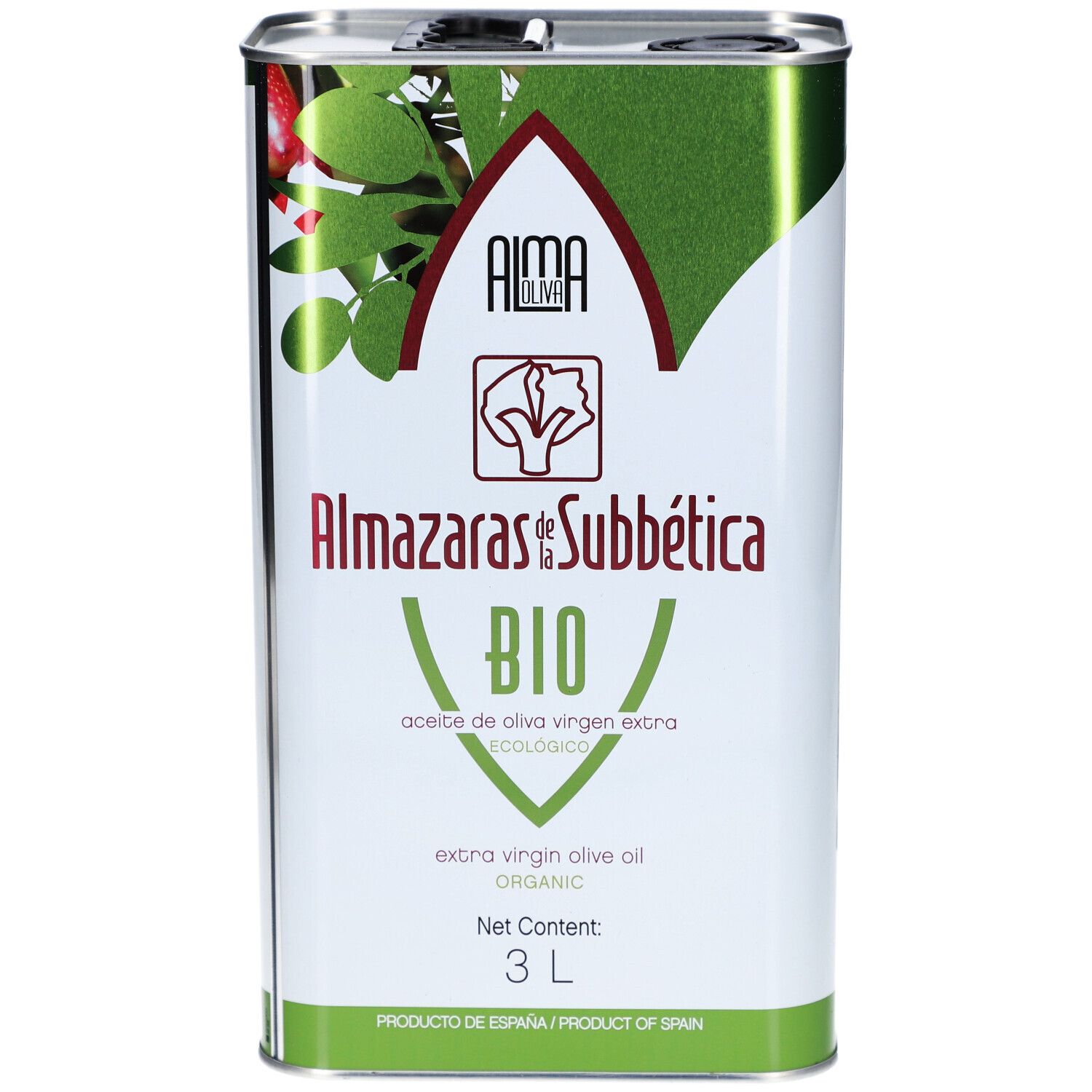 Bidon métallique rectangulaire. Inscription : Almaoliva Bio, Almazaras de la Subbética, 3L. Design vert et rouge.